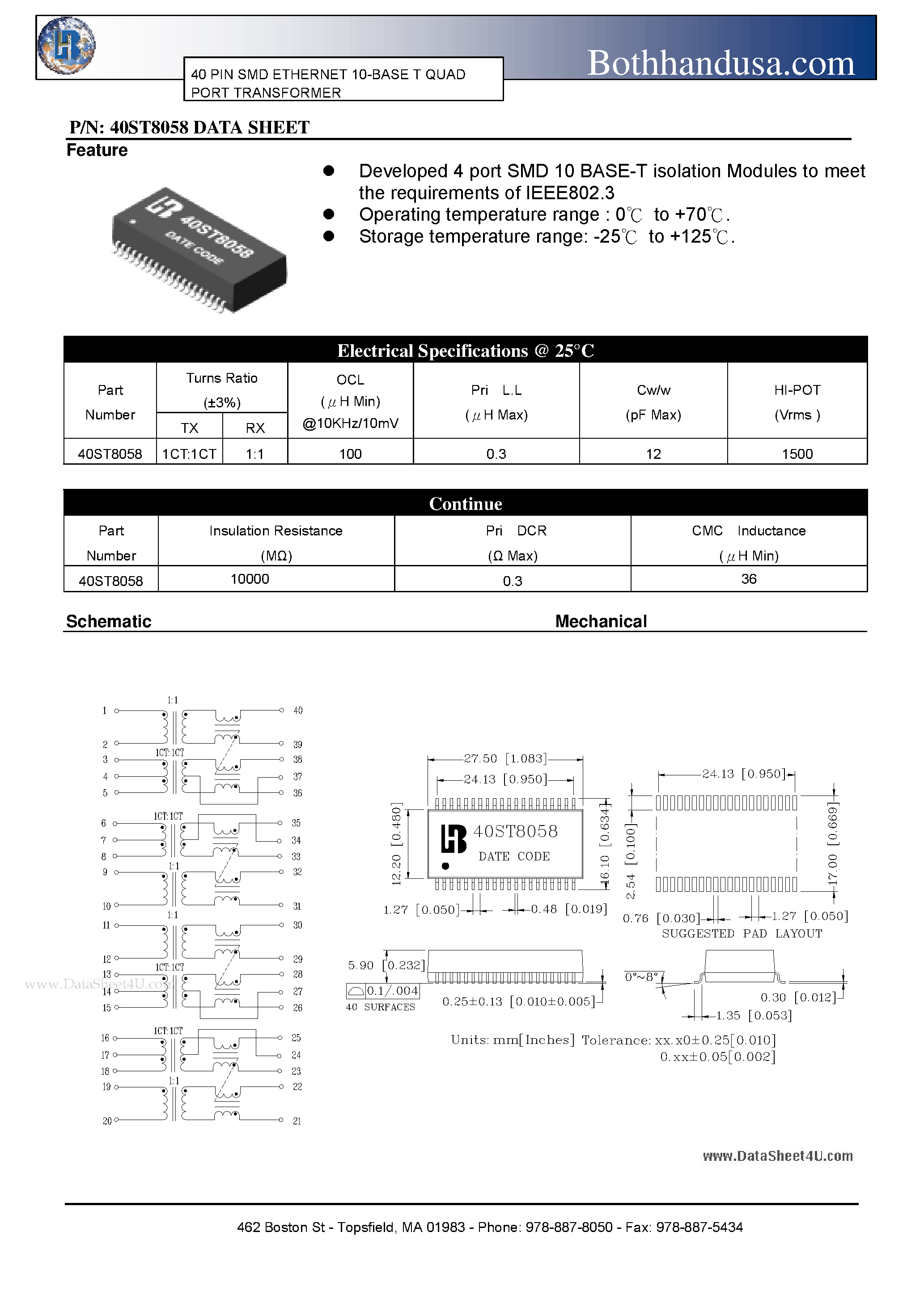 Datasheet 40ST8058 page 1 Datasheet 40ST8058 - 40 PIN SMD ETHERNET 10-BASE T QUAD PORT TRANSFORMER page 1