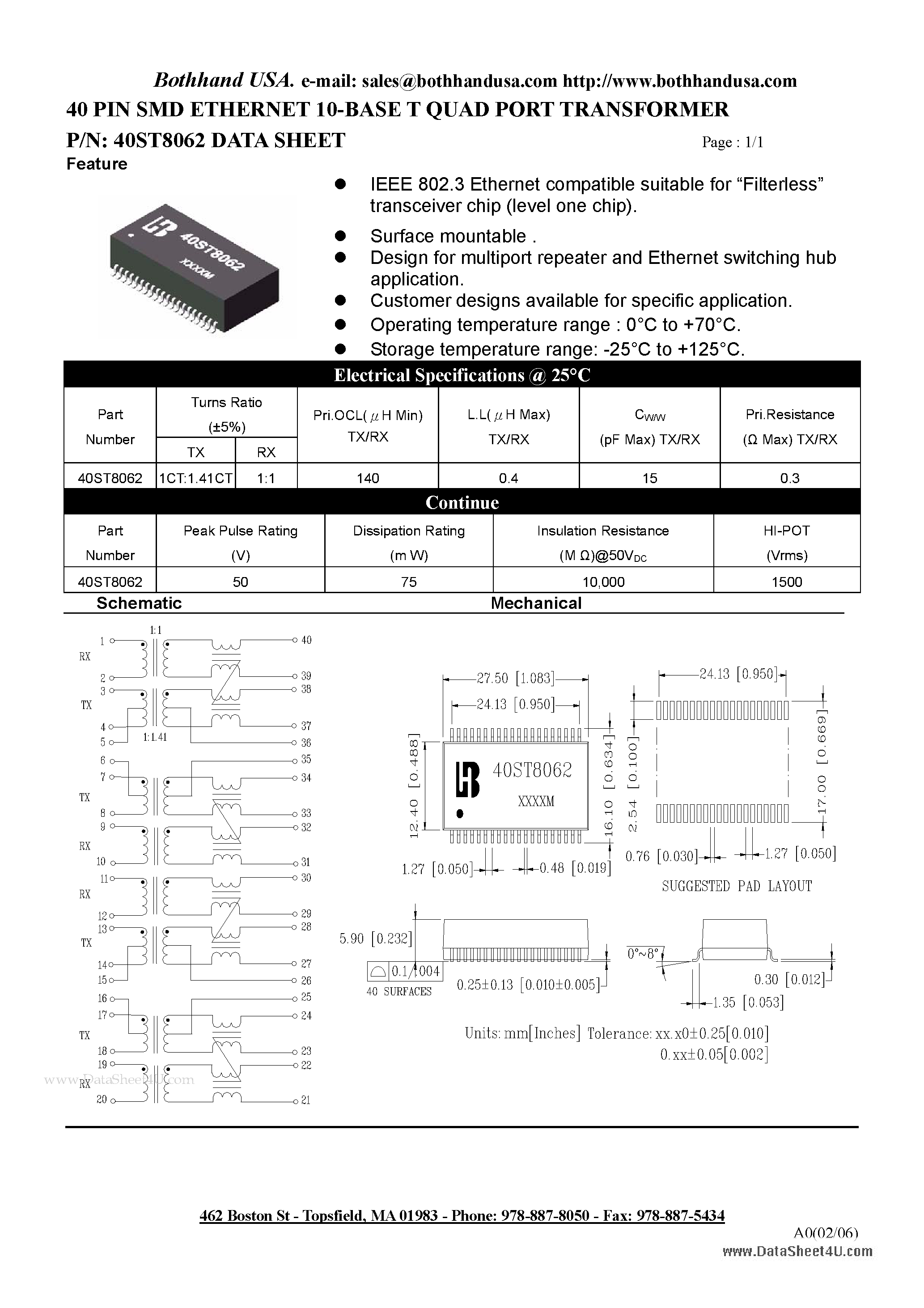 Datasheet 40ST8062 page 1 Datasheet 40ST8062 - 40 PIN SMD ETHERNET 10-BASE T QUAD PORT TRANSFORMER page 1