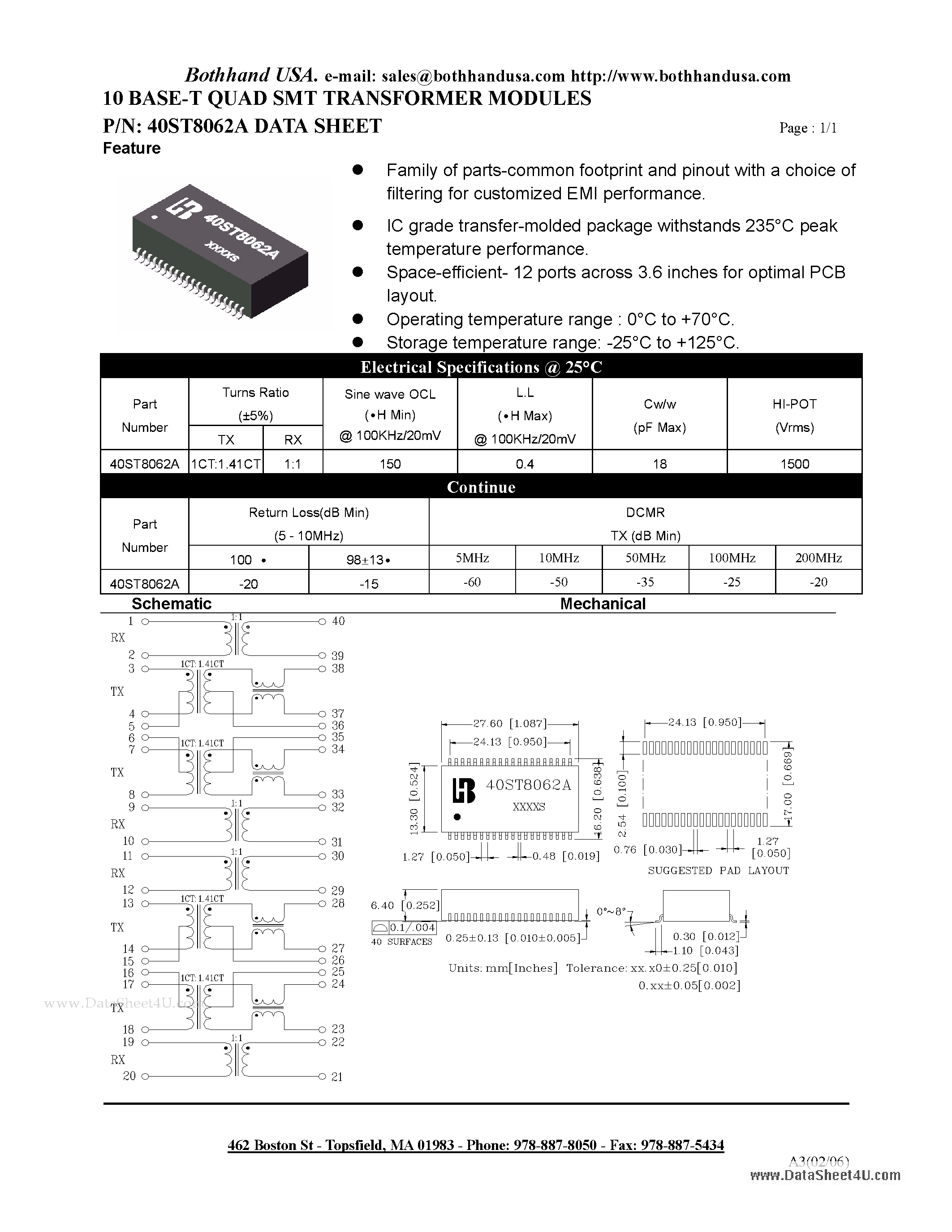 Datasheet 40ST8062A - 10 BASE-T QUAD SMT TRANSFORMER MODULES page 1
