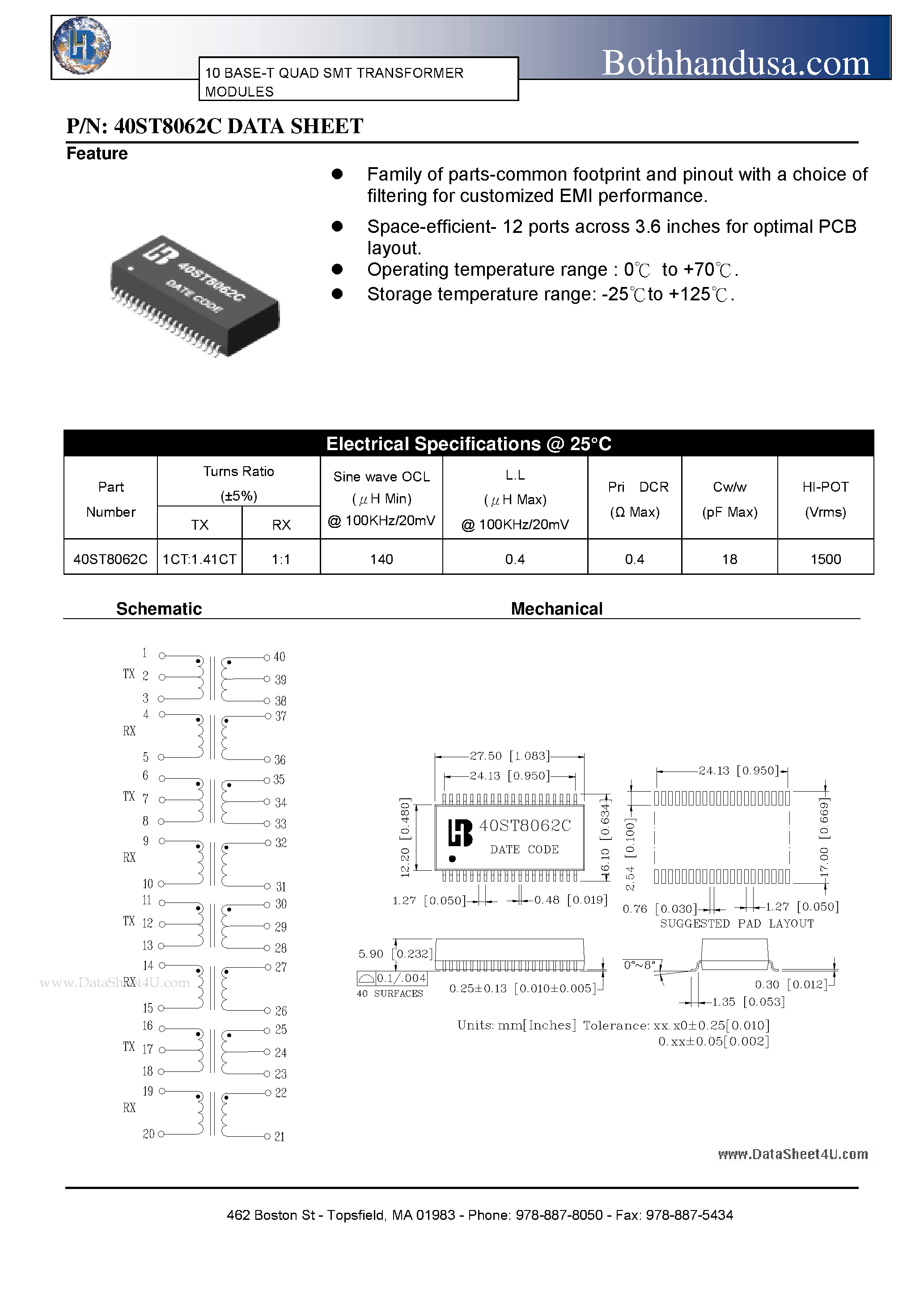 Datasheet 40ST8062C page 1 Datasheet 40ST8062C - 10 BASE-T QUAD SMT TRANSFORMER MODULES page 1