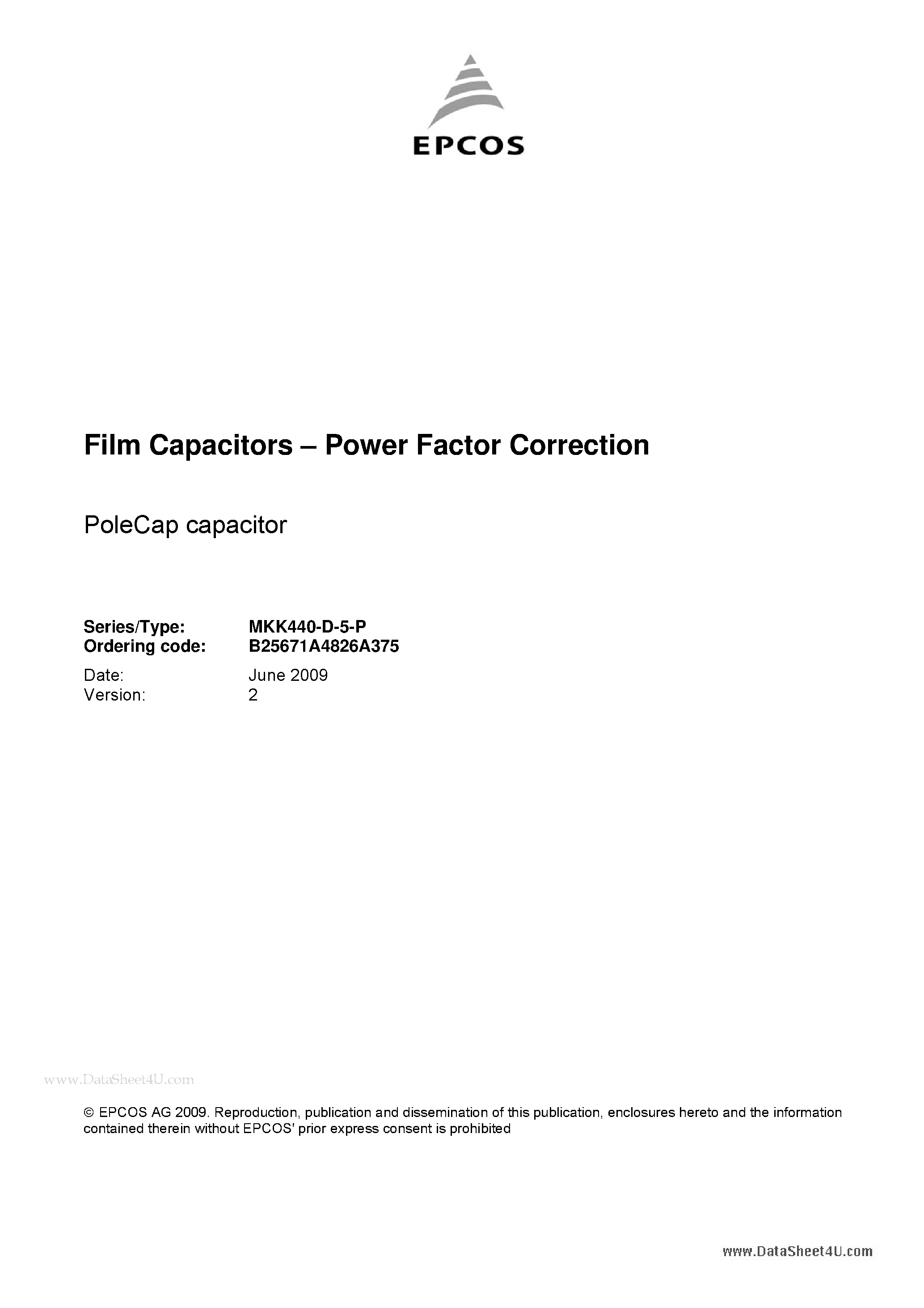 Datasheet B25671A4826A375 page 1 Datasheet B25671A4826A375 - Film Capacitors - Power Factor Correction page 1