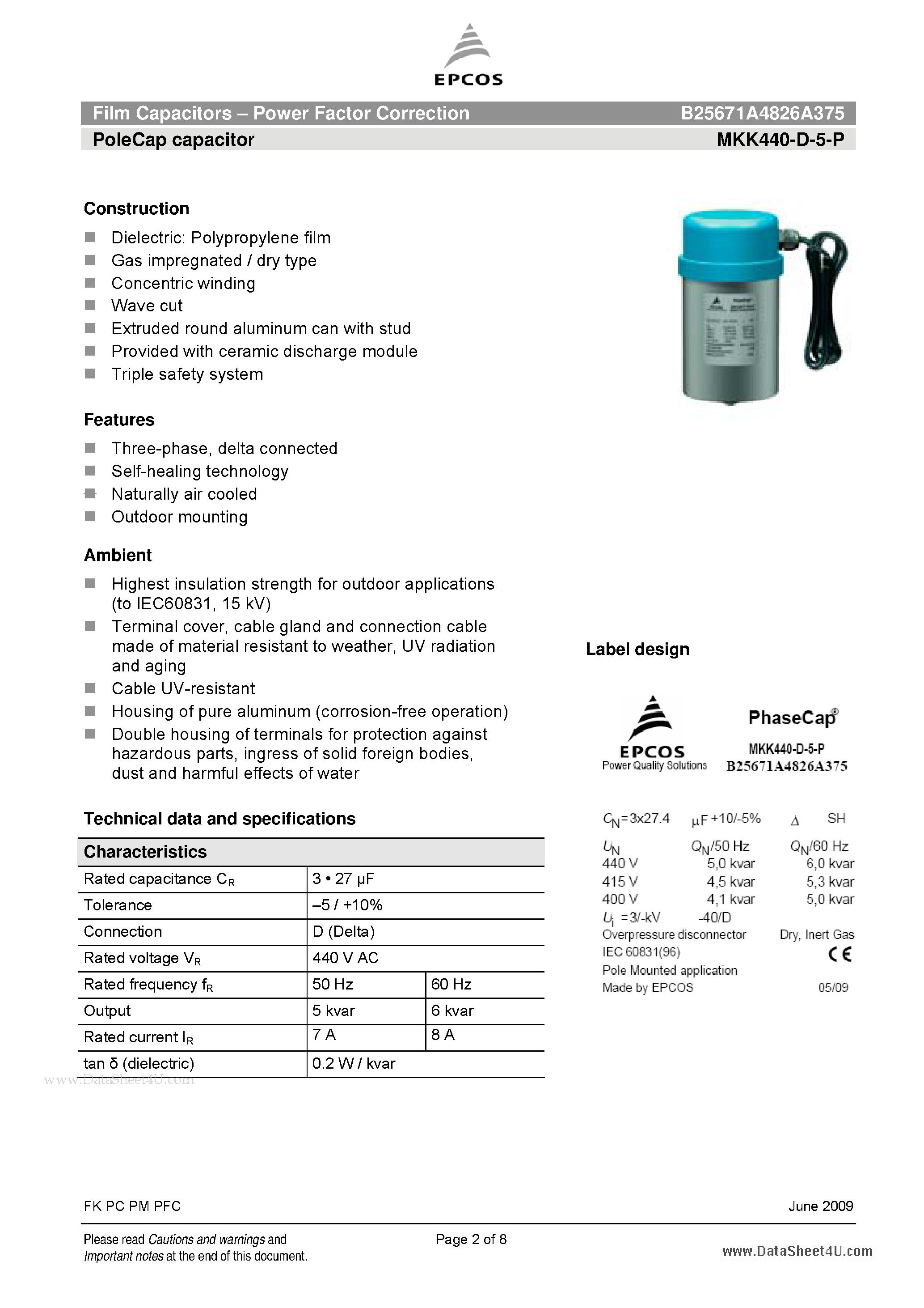 Datasheet B25671A4826A375 page 2 Datasheet B25671A4826A375 - Film Capacitors - Power Factor Correction page 2