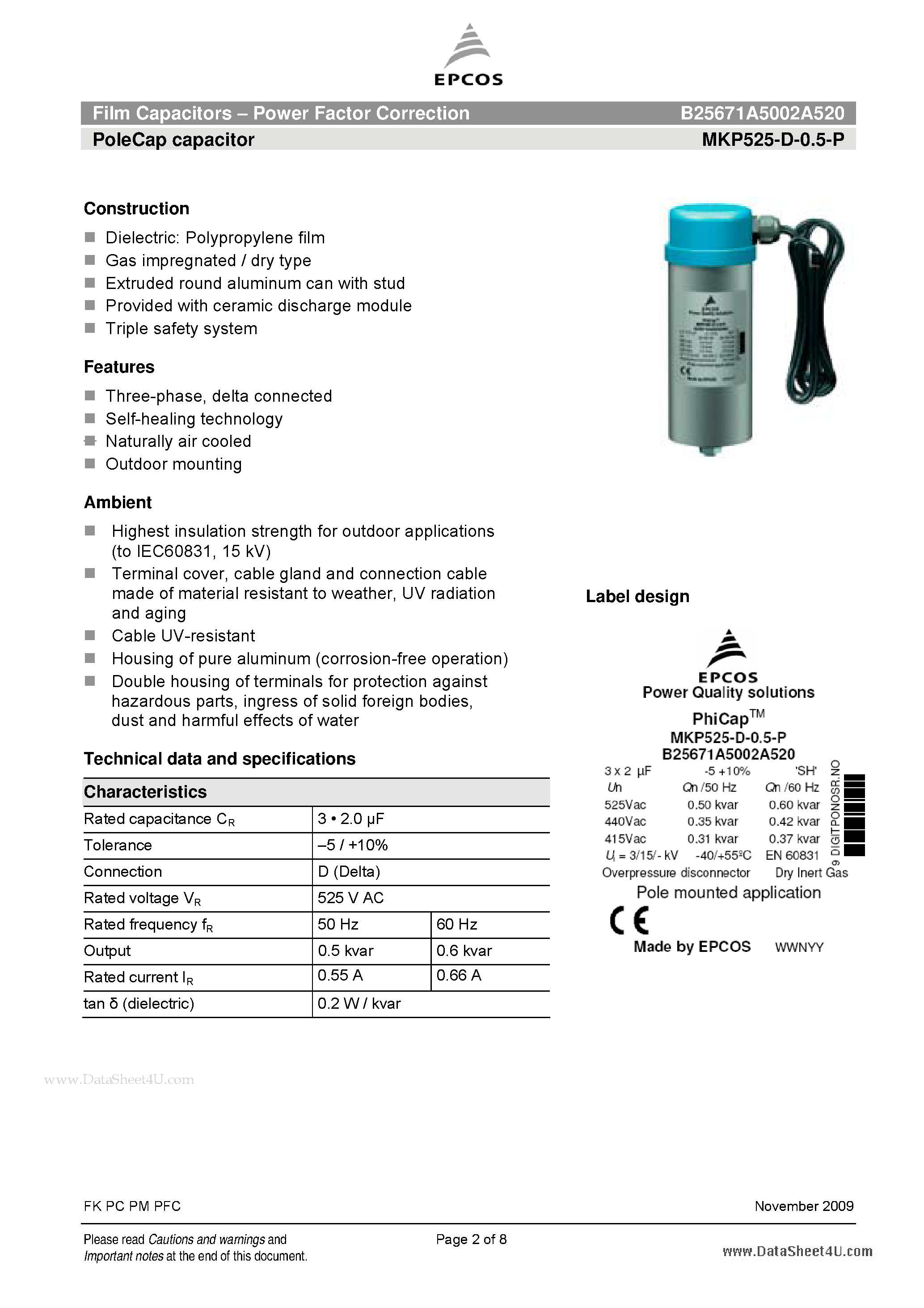 Datasheet B25671A5002A520 page 2 Datasheet B25671A5002A520 - Film Capacitors - Power Factor Correction page 2