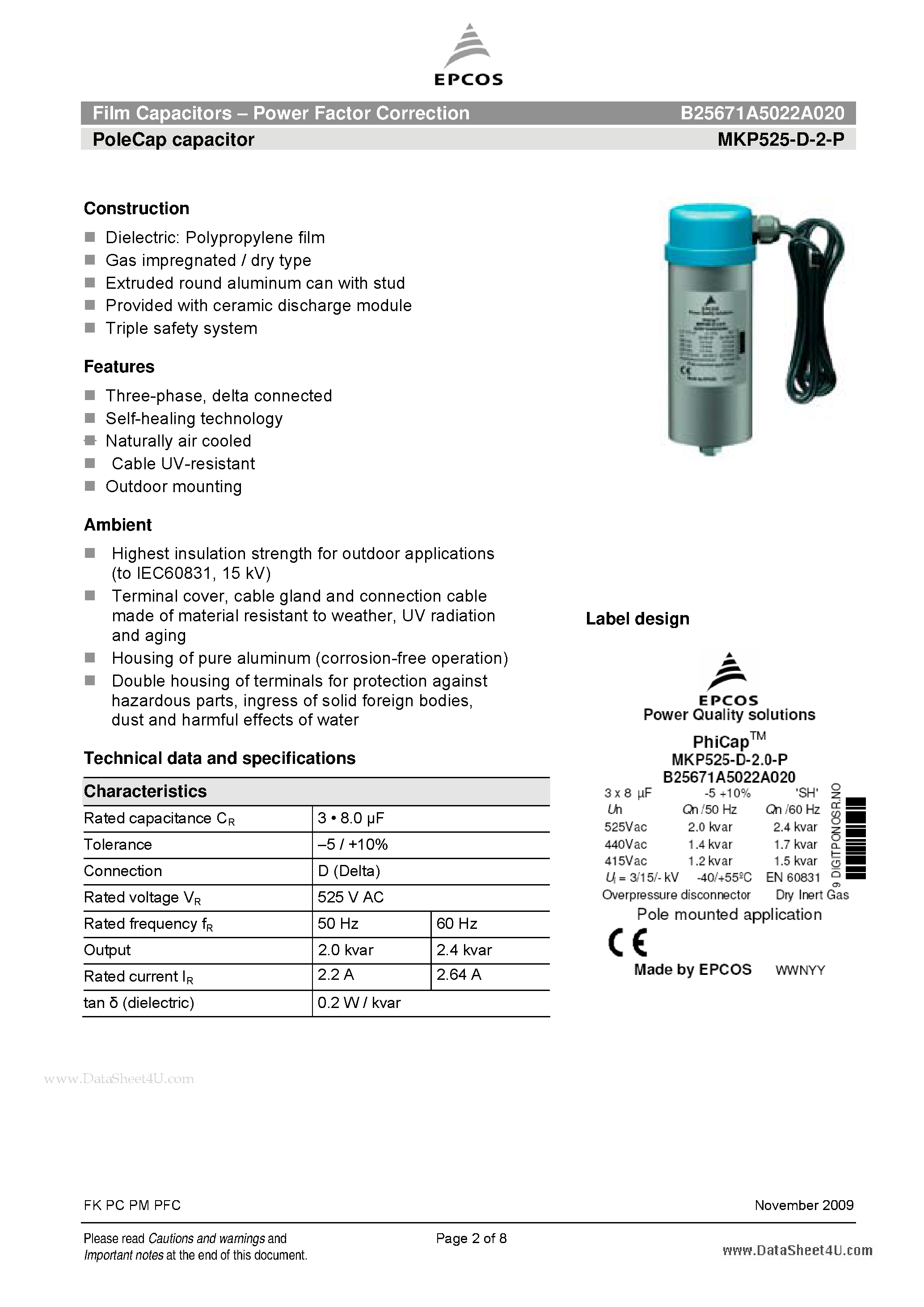 Datasheet B25671A5022A020 - Film Capacitors - Power Factor Correction page 2