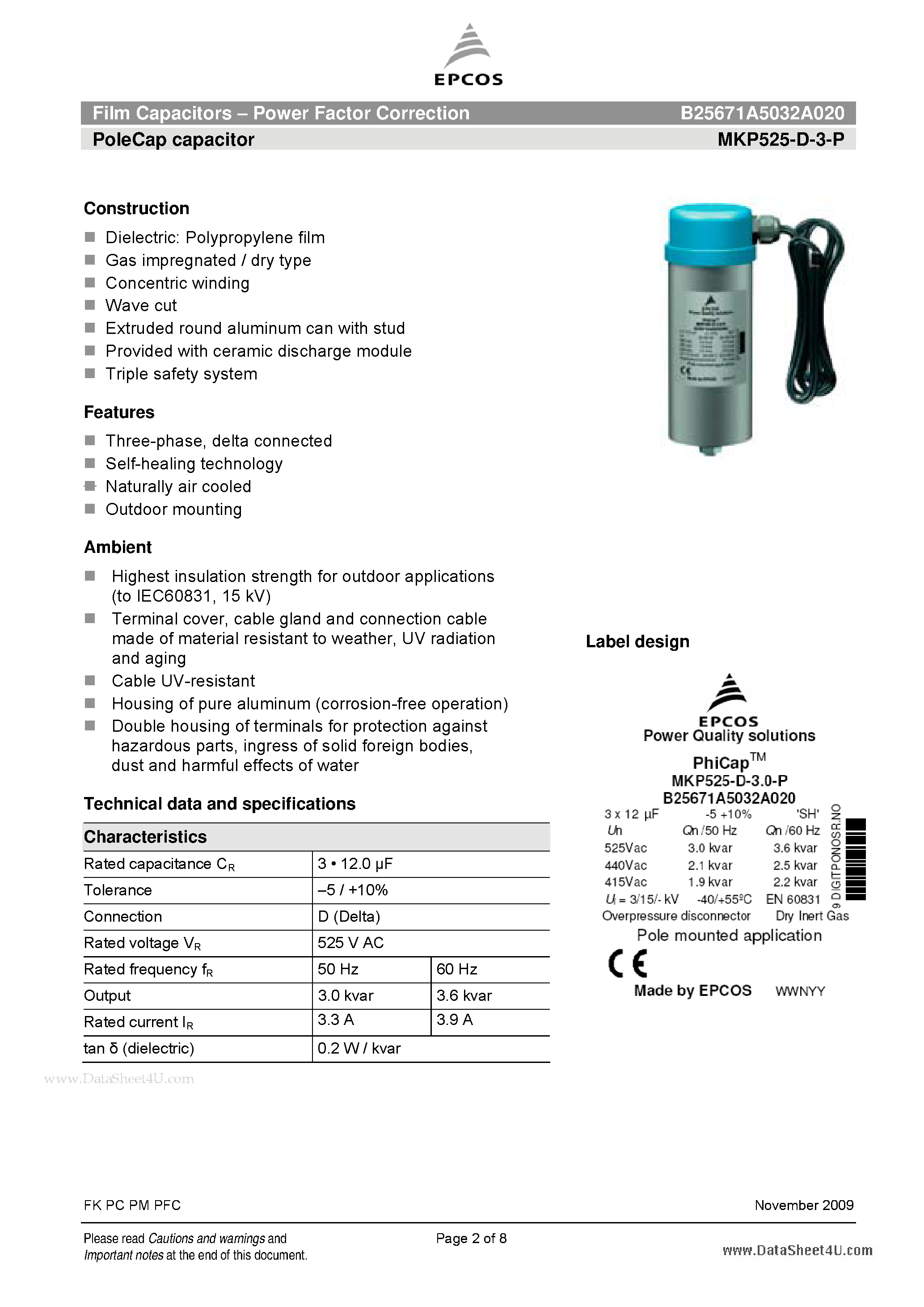 Datasheet B25671A5032A020 page 2 Datasheet B25671A5032A020 - Film Capacitors - Power Factor Correction page 2