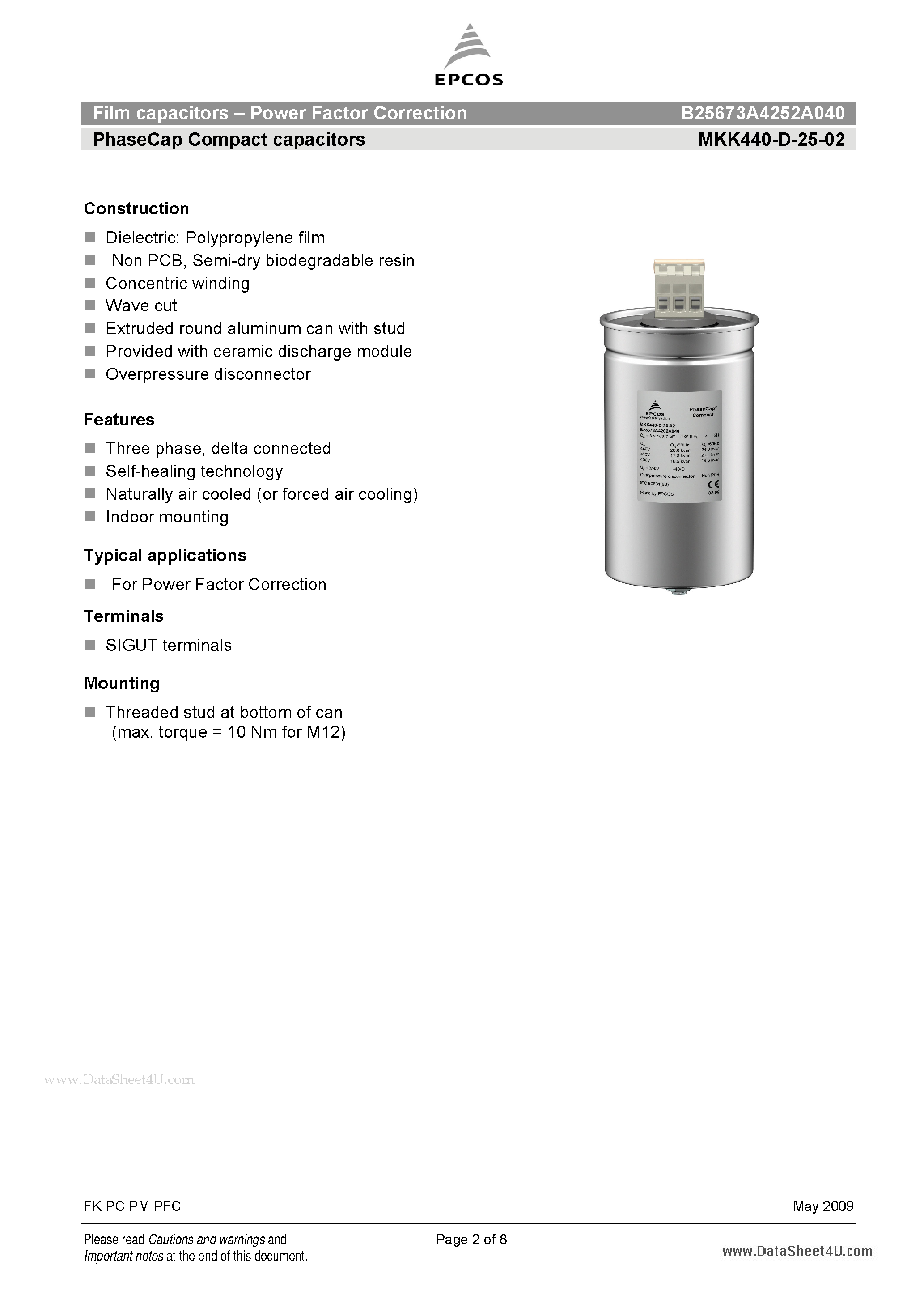 Datasheet B25673A4252A040 page 2 Datasheet B25673A4252A040 - Film Capacitors - Power Factor Correction page 2