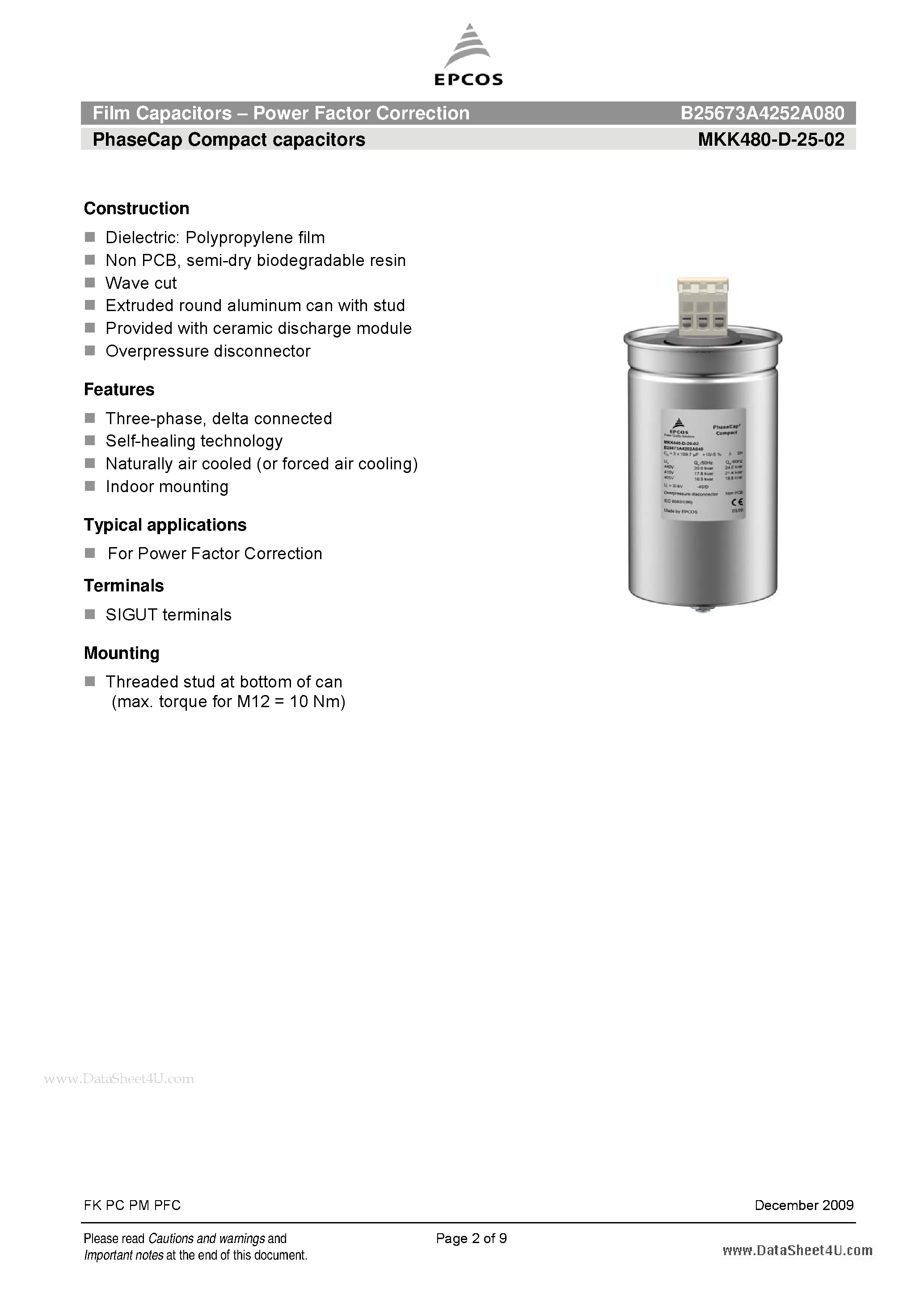 Datasheet B25673A4252A080 page 2 Datasheet B25673A4252A080 - Film Capacitors - Power Factor Correction page 2