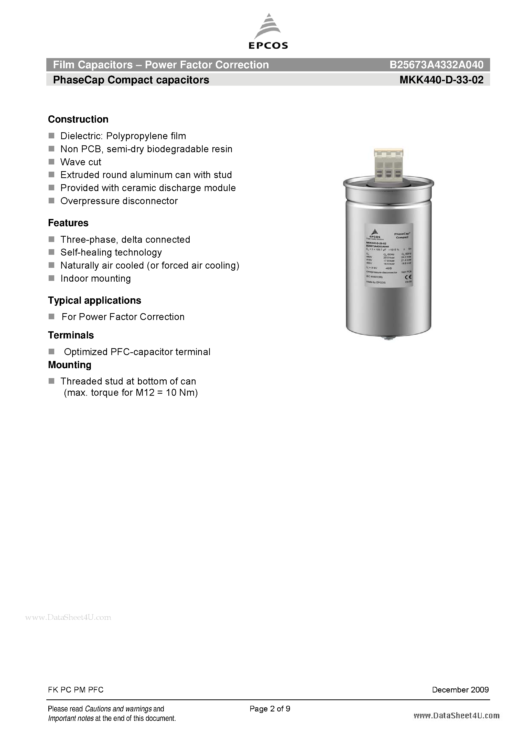 Datasheet B25673A4332A040 - Film Capacitors - Power Factor Correction page 2
