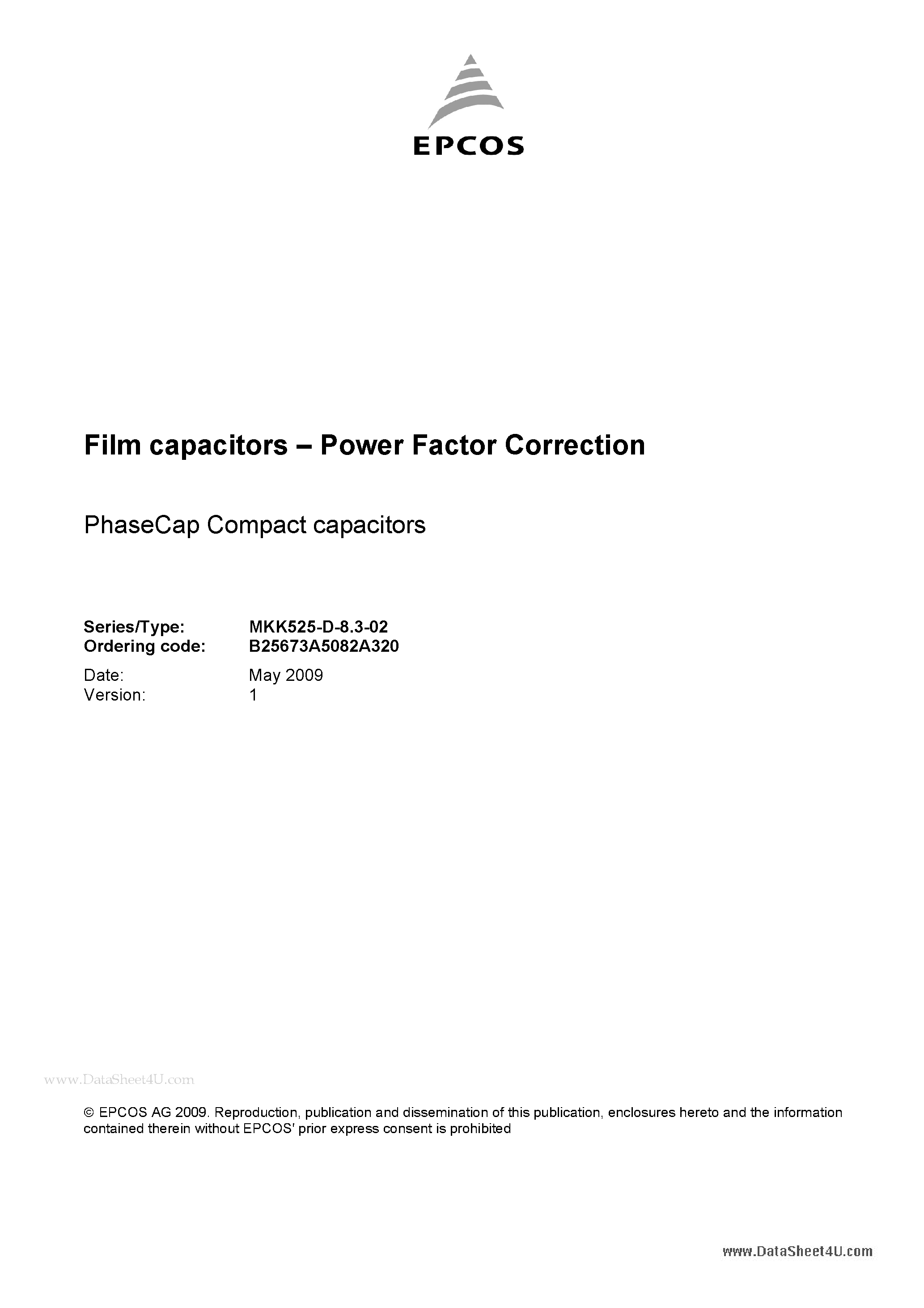 Datasheet B25673A5082A320 - Film Capacitors - Power Factor Correction page 1