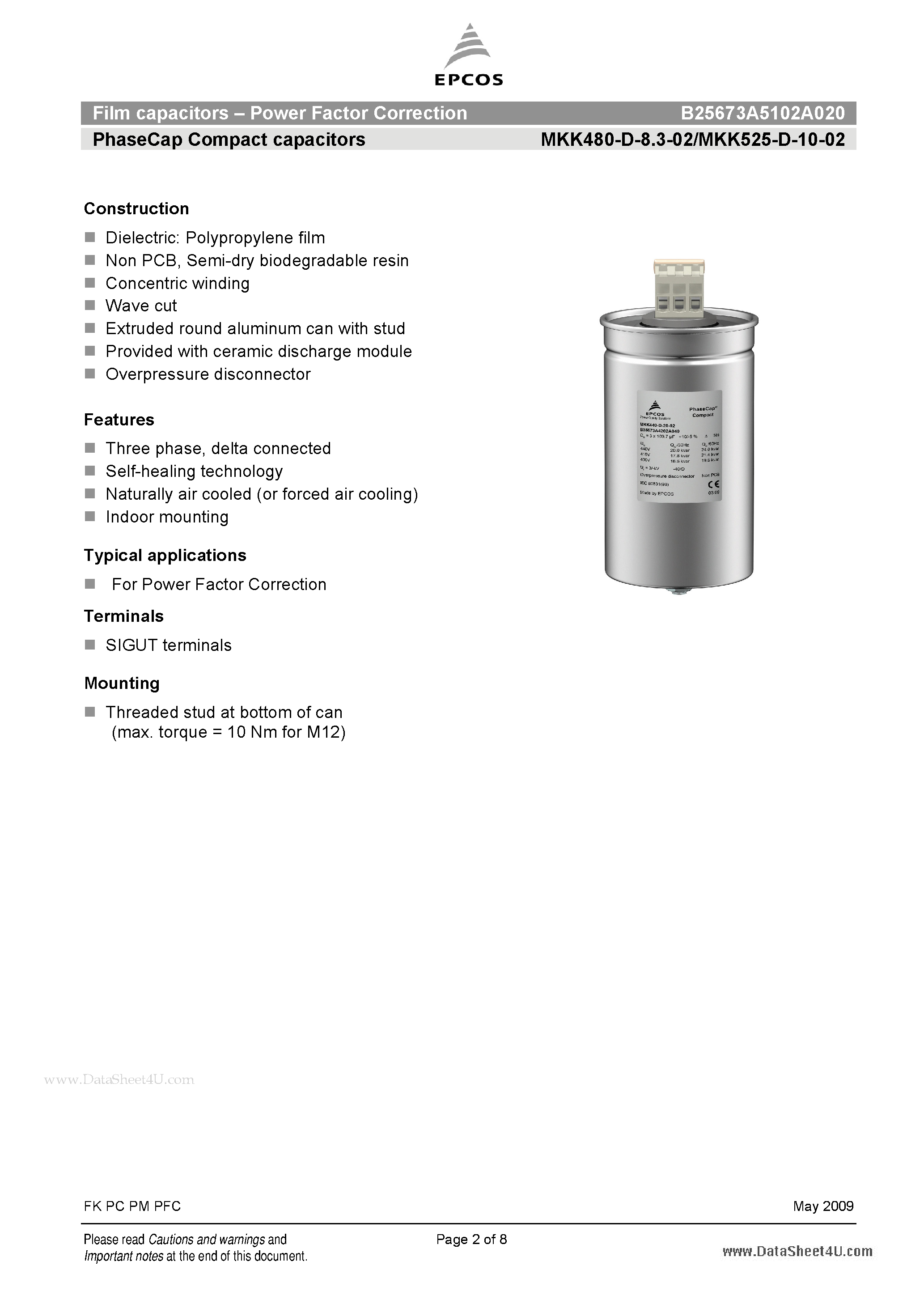 Datasheet B25673A5102A020 page 2 Datasheet B25673A5102A020 - Film Capacitors - Power Factor Correction page 2