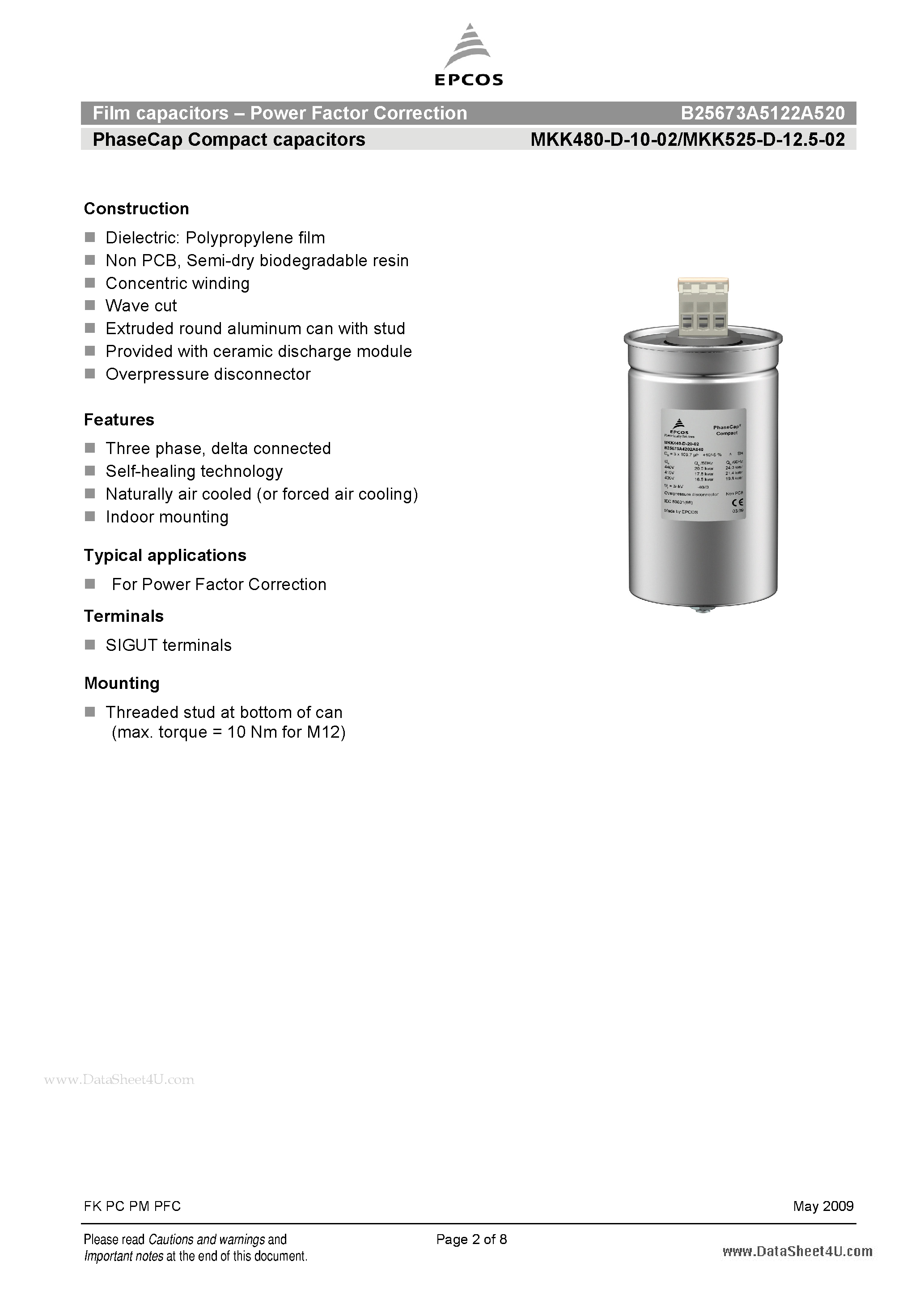 Datasheet B25673A5122A520 page 2 Datasheet B25673A5122A520 - Film Capacitors - Power Factor Correction page 2