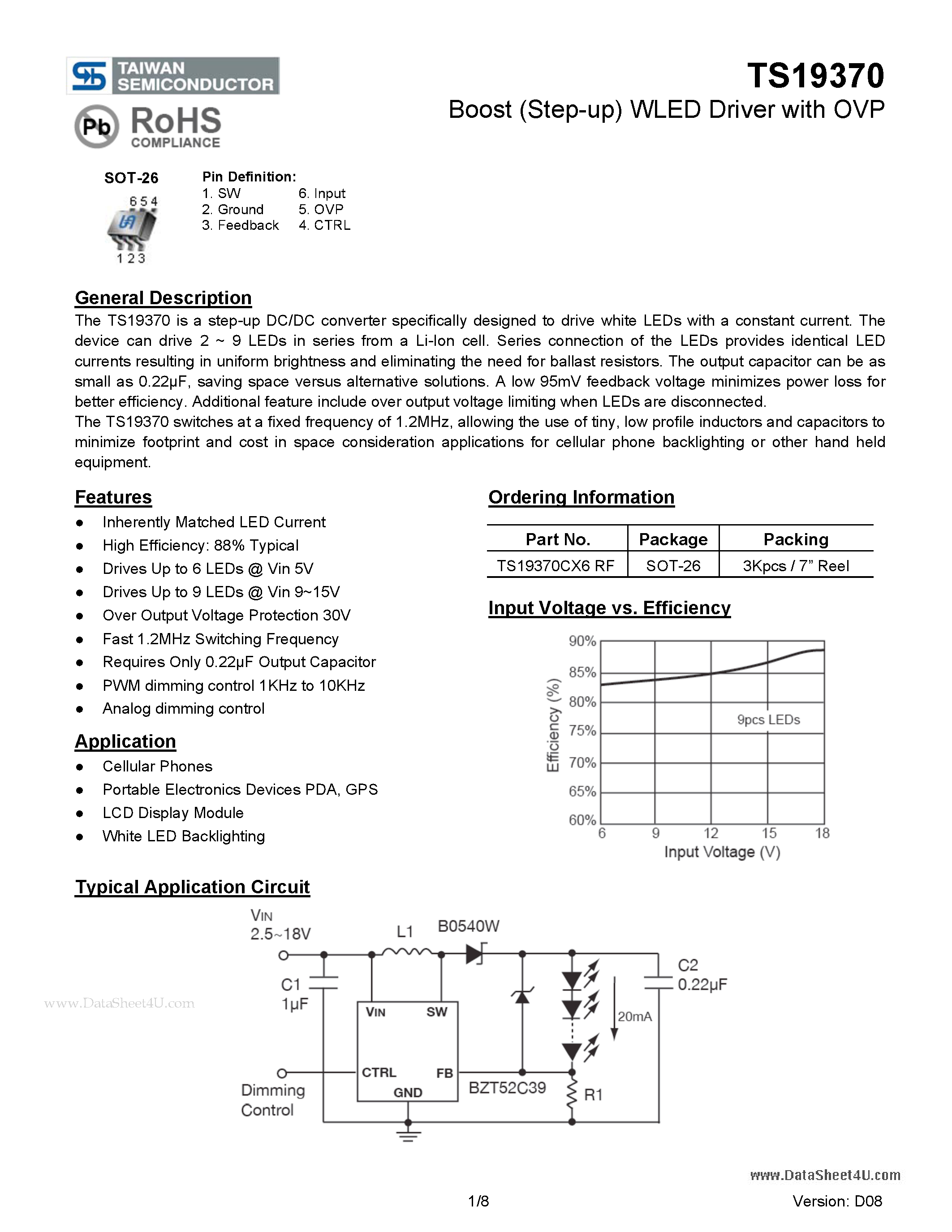 Datasheet TS19370 - Boost (Step-up) WLED Driver page 1