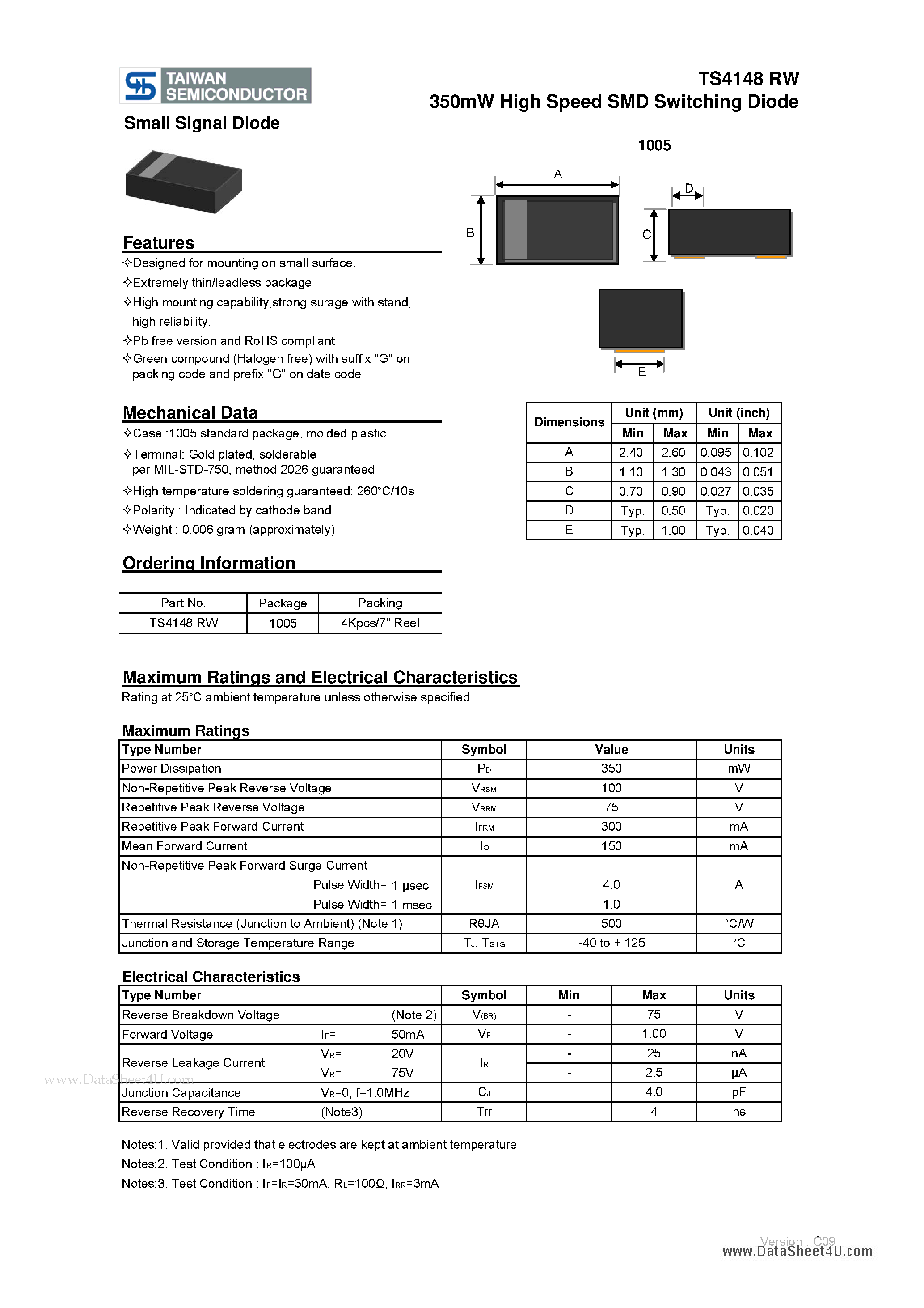 Datasheet TS4148RW page 1 Datasheet TS4148RW - 350mW High Speed SMD Switching Diode page 1