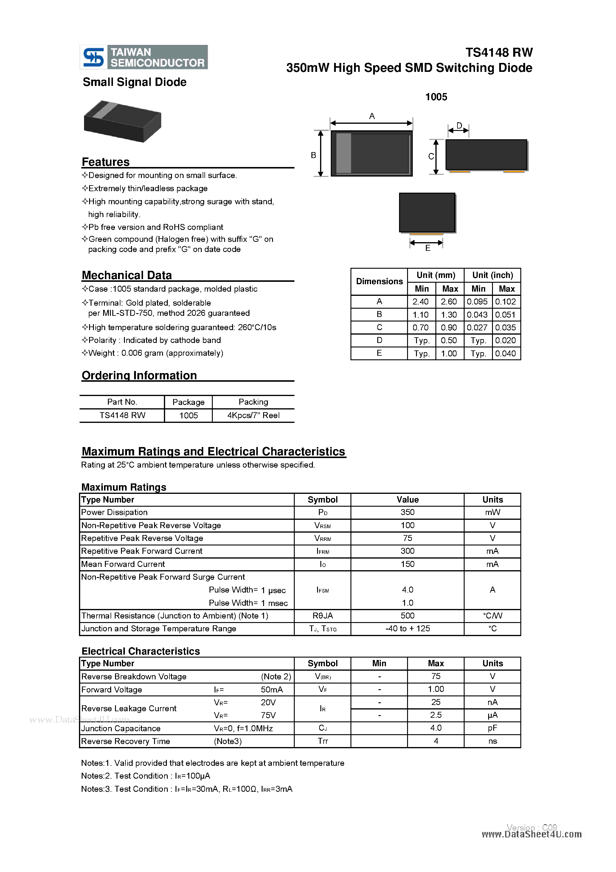 Даташит TS4148RW - 350mW High Speed SMD Switching Diode страница 1