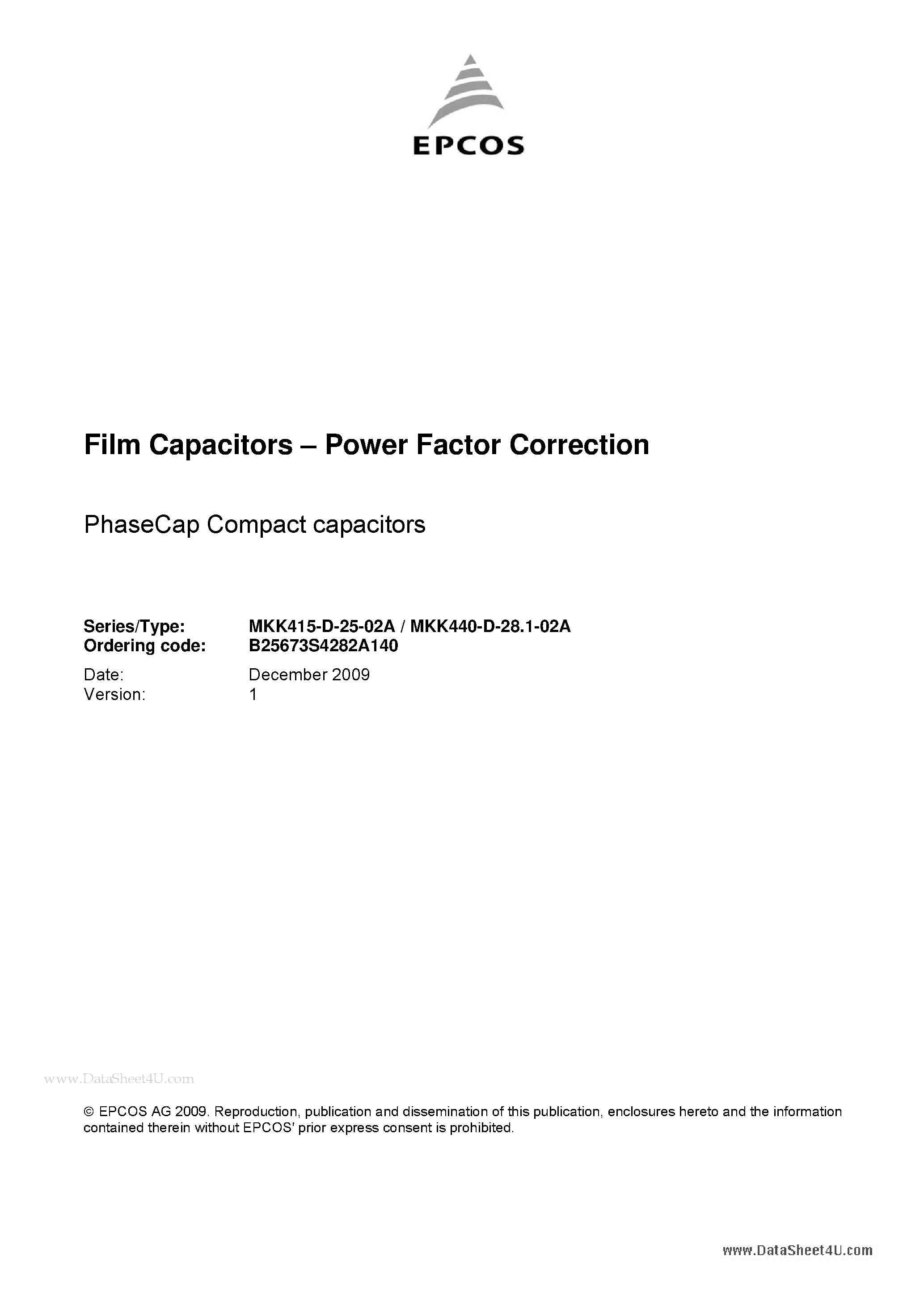 Datasheet B25673S4282A140 - Film capacitors - Power Factor Correction page 1