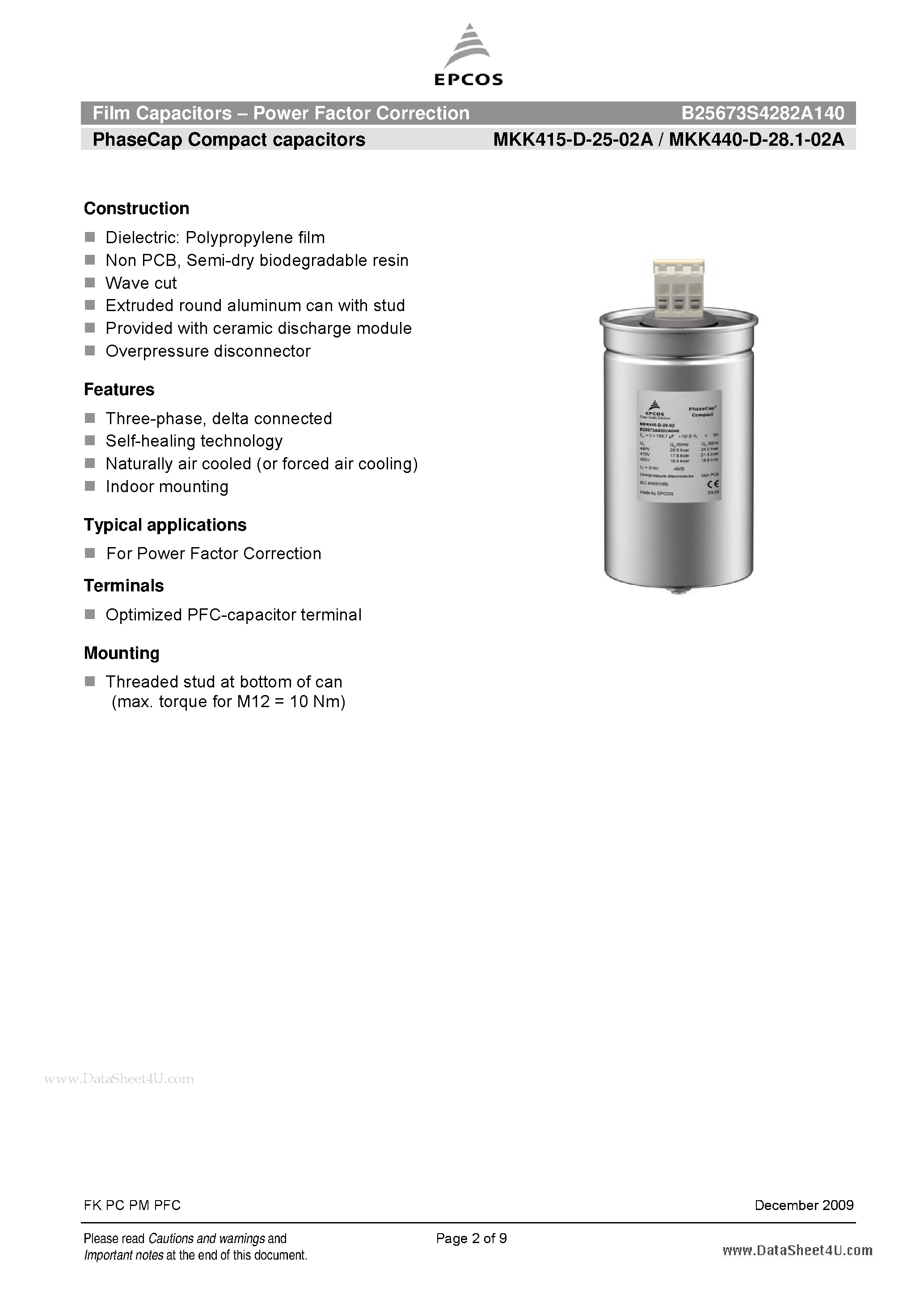 Datasheet B25673S4282A140 - Film capacitors - Power Factor Correction page 2