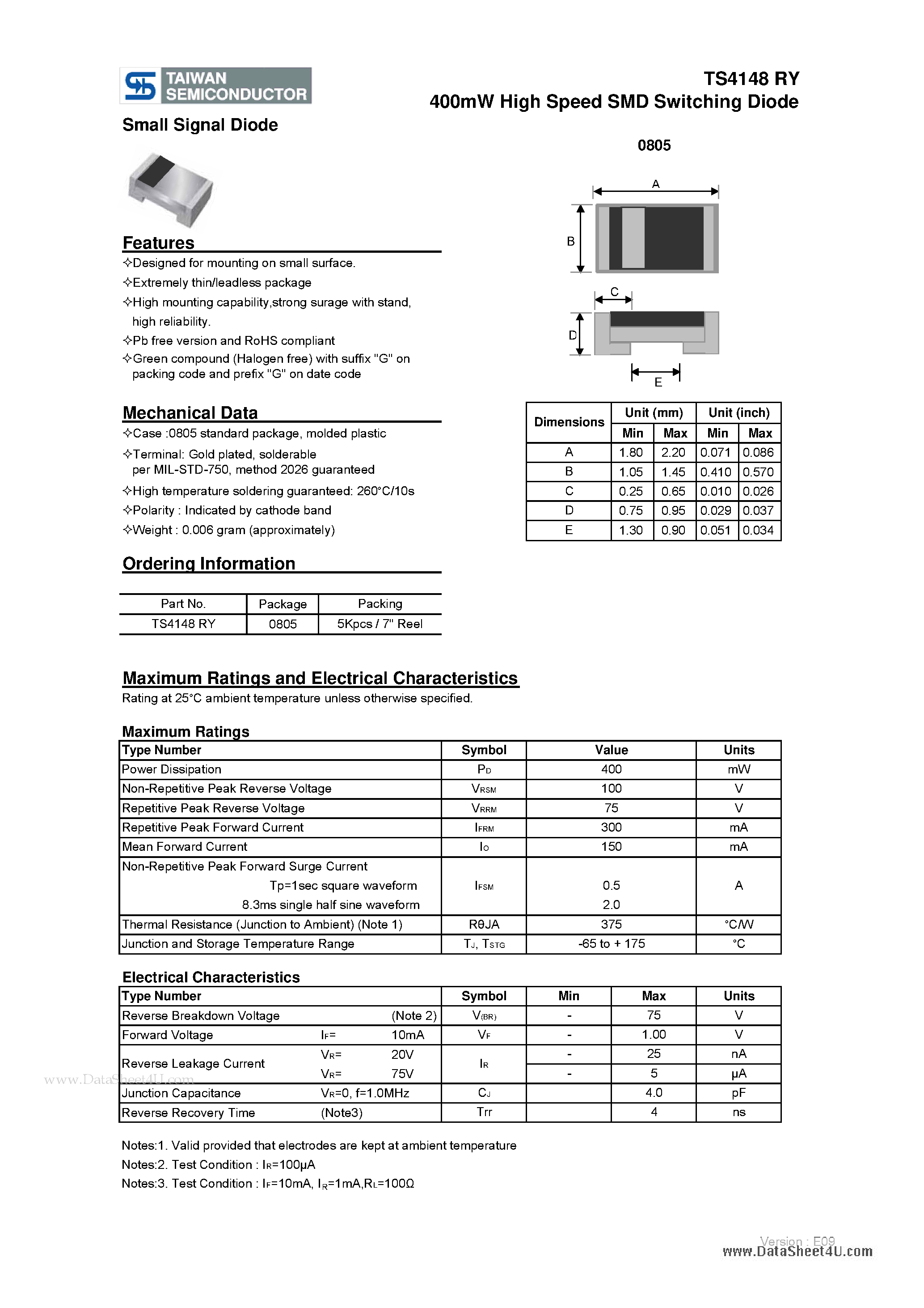 Datasheet TS4148RY page 1 Datasheet TS4148RY - 400mW High Speed SMD Switching Diode page 1