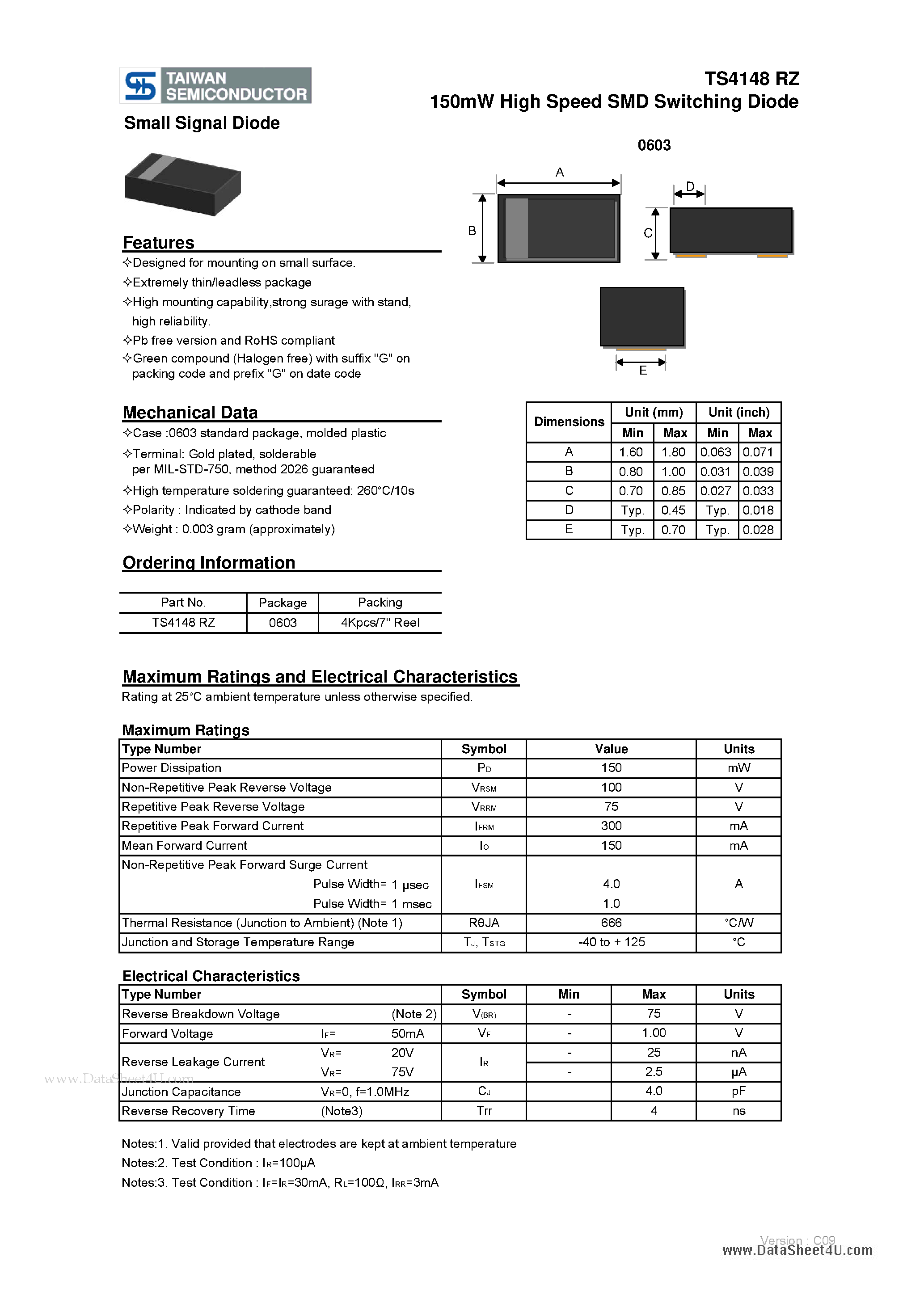 Datasheet TS4148RZ - 150mW High Speed SMD Switching Diode page 1