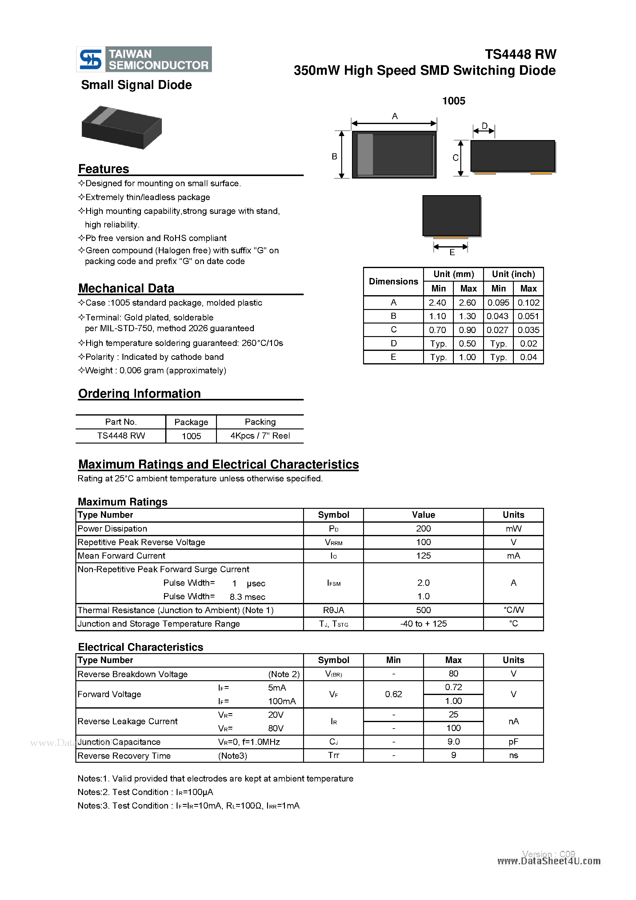 Datasheet TS4448RW page 1 Datasheet TS4448RW - 350mW High Speed SMD Switching Diode page 1