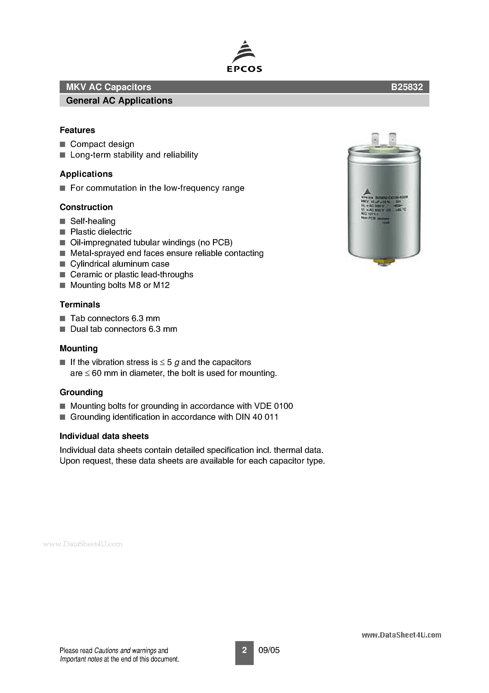 Datasheet B25832 page 2 Datasheet B25832 - MKV AC capacitors page 2