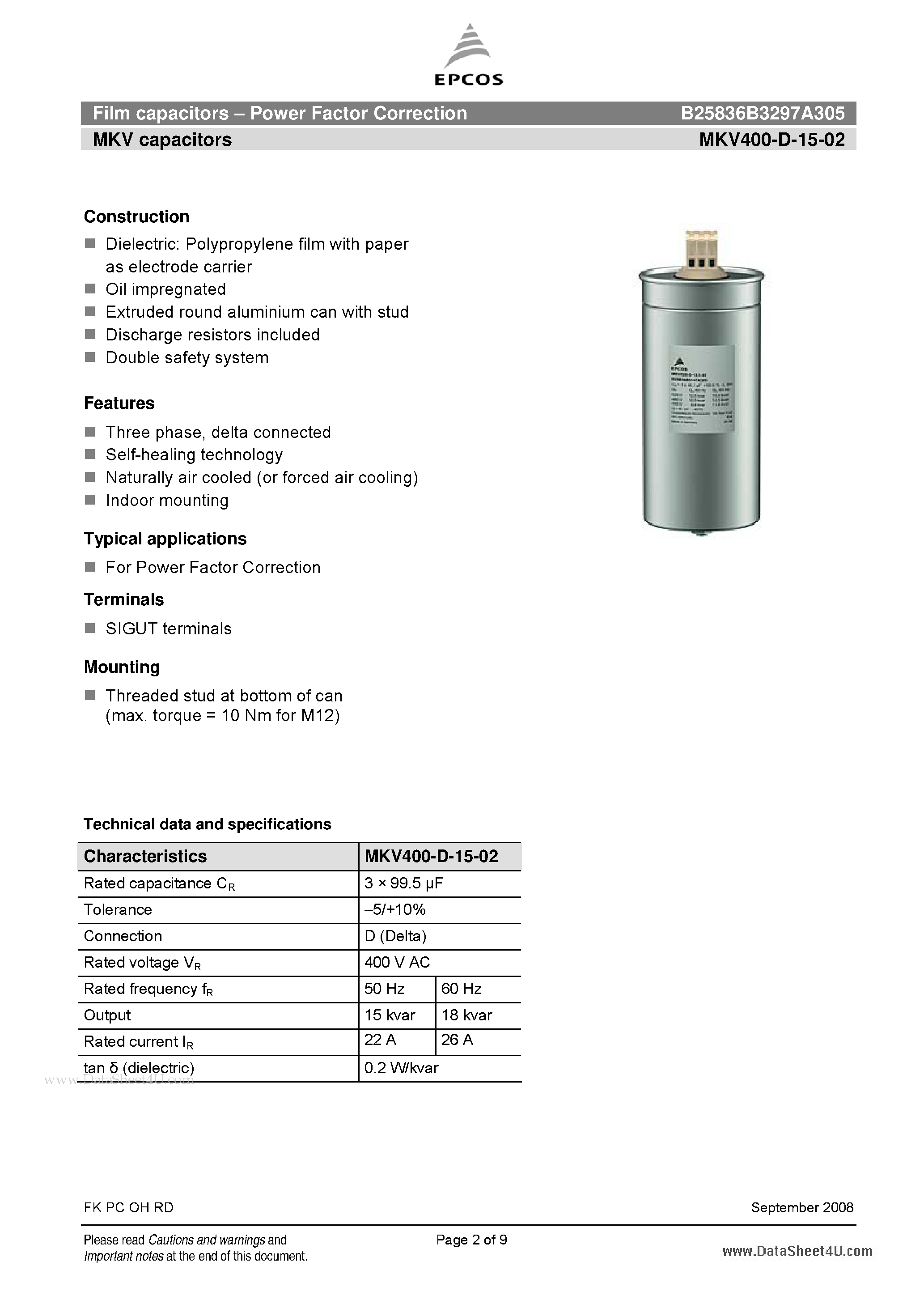 Datasheet B25836B3297A305 page 2 Datasheet B25836B3297A305 - Film capacitors - Power Factor Correction page 2