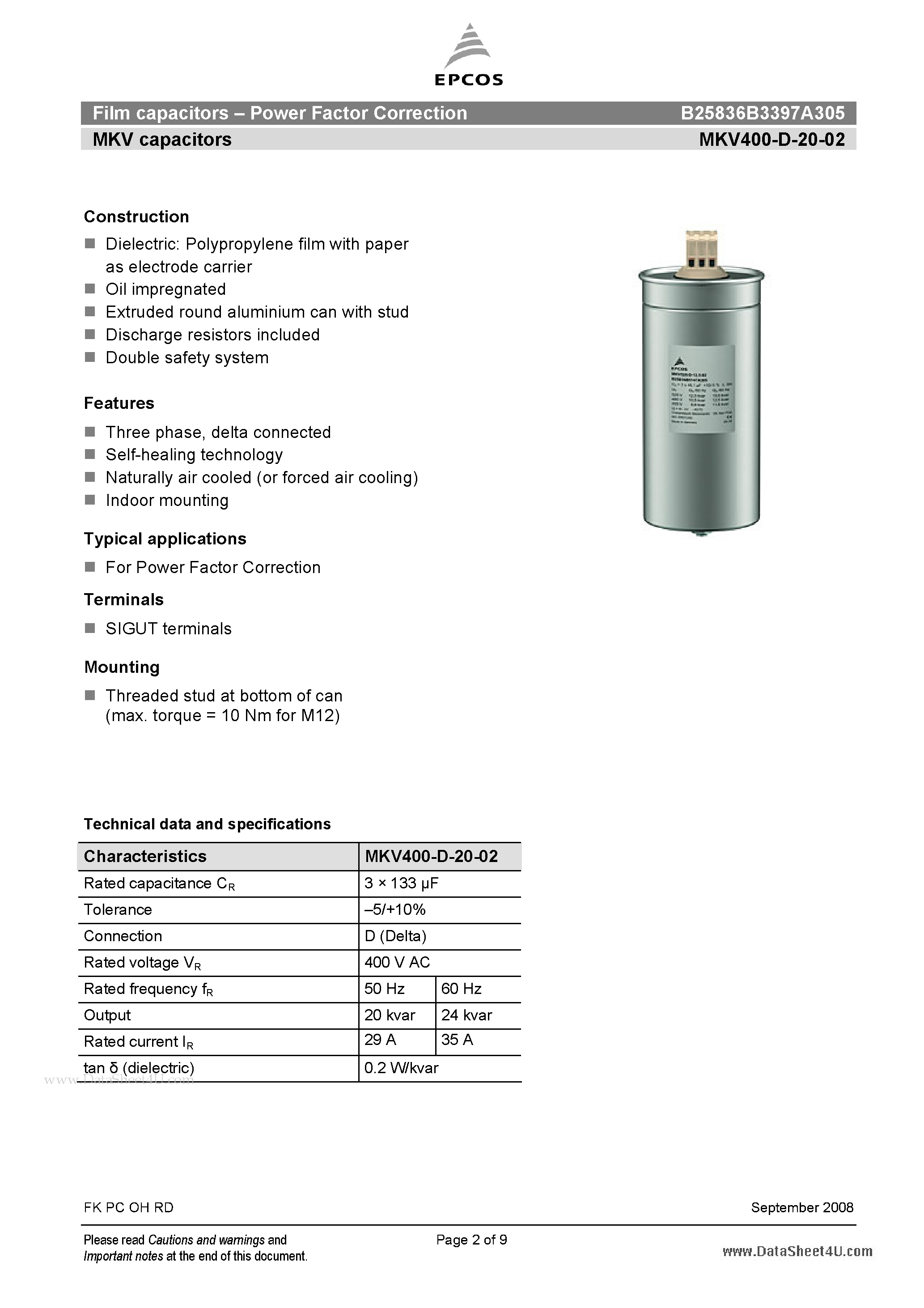 Datasheet B25836B3397A305 - Film capacitors - Power Factor Correction page 2