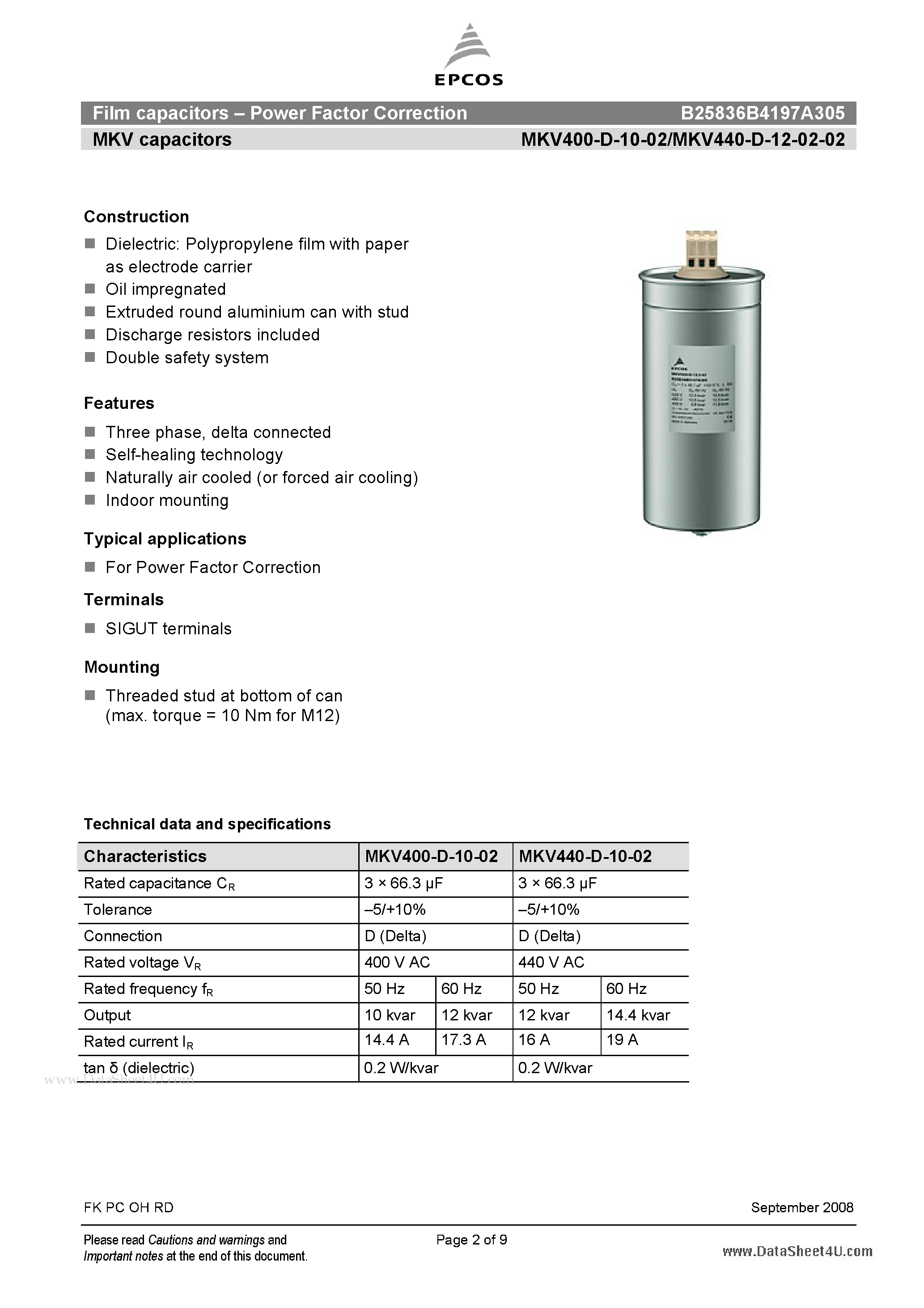 Datasheet B25836B4197A305 page 2 Datasheet B25836B4197A305 - Film capacitors - Power Factor Correction page 2