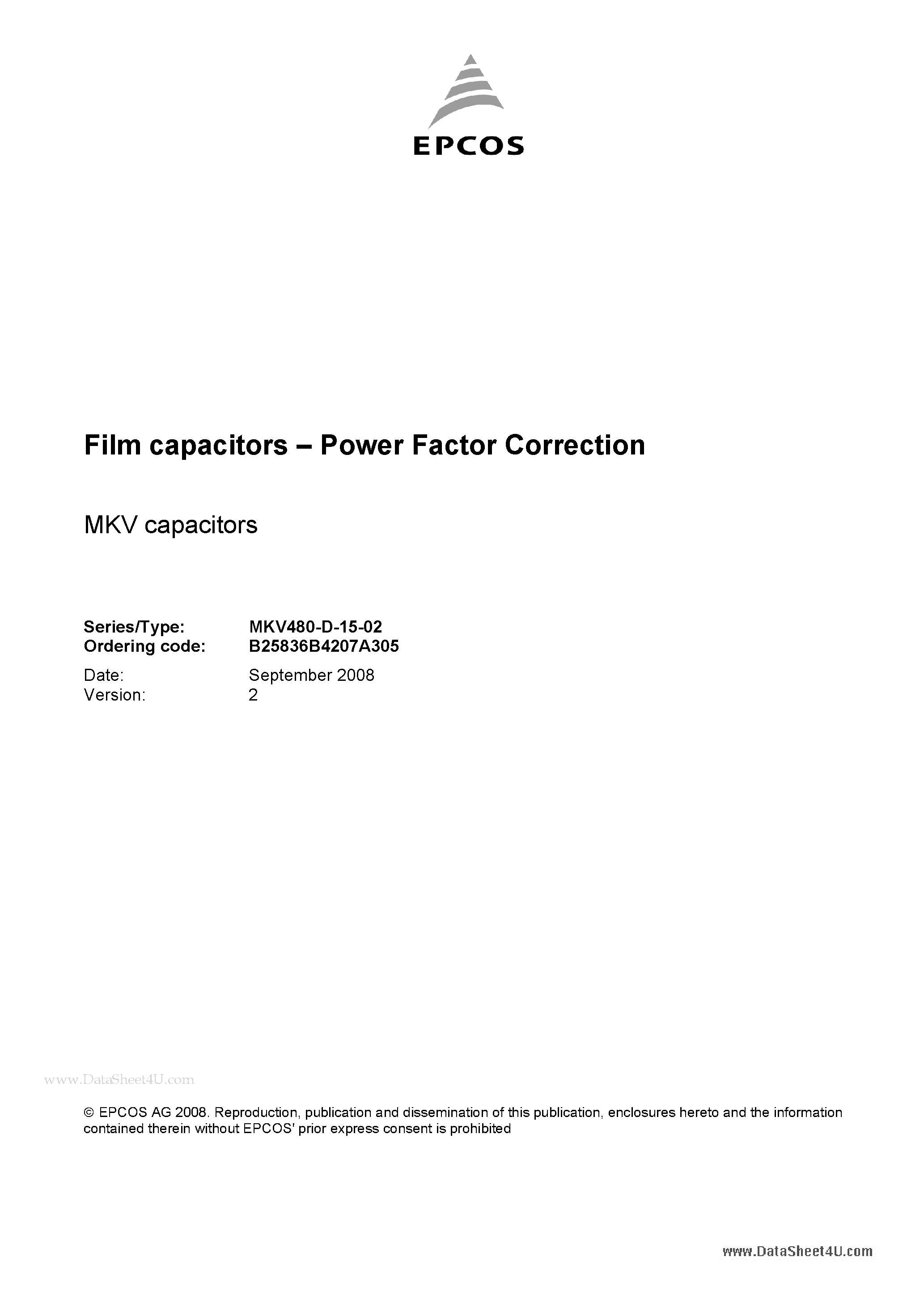 Datasheet B25836B4207A305 page 1 Datasheet B25836B4207A305 - Film capacitors - Power Factor Correction page 1