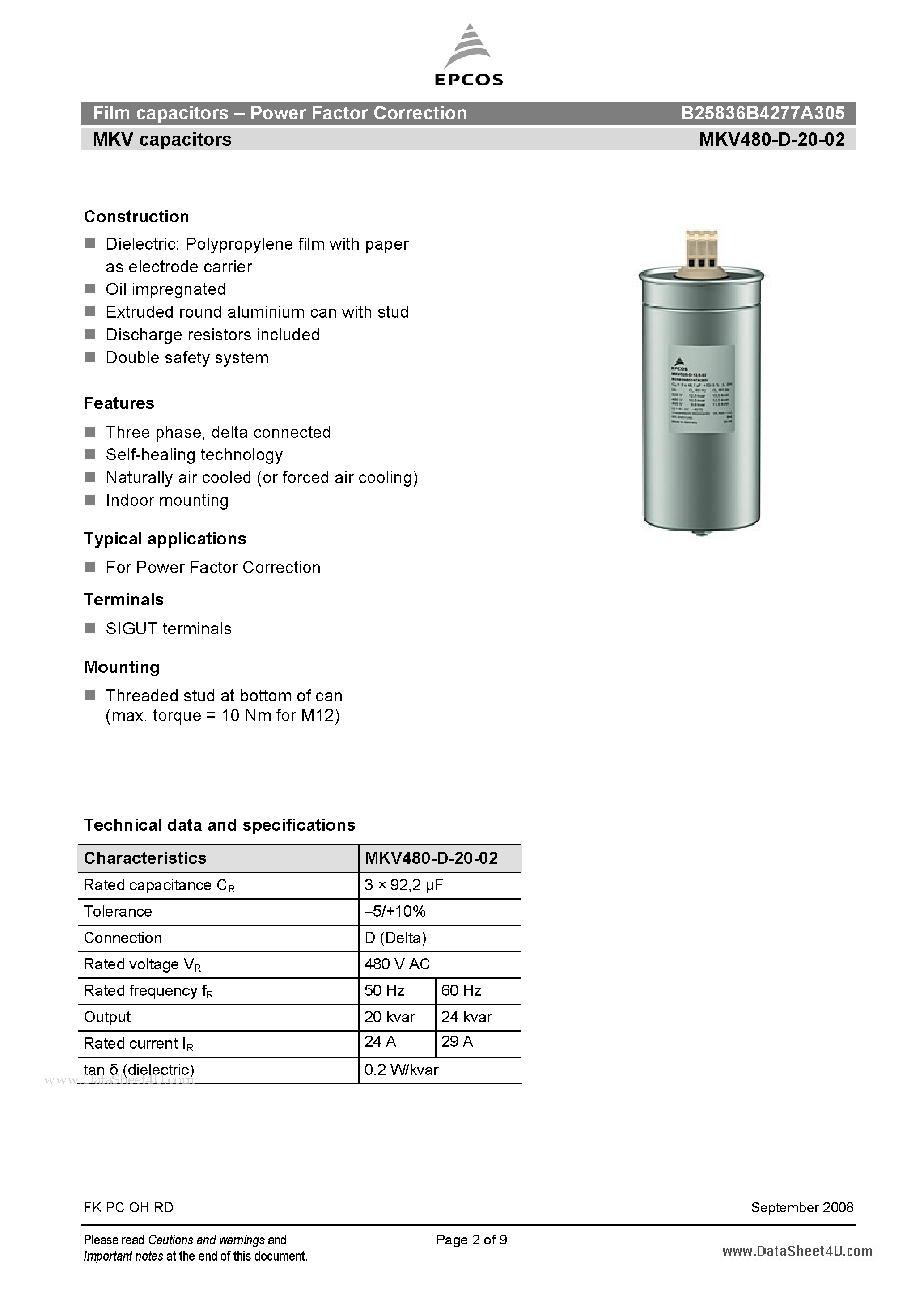 Datasheet B25836B4277A305 - Film capacitors - Power Factor Correction page 2