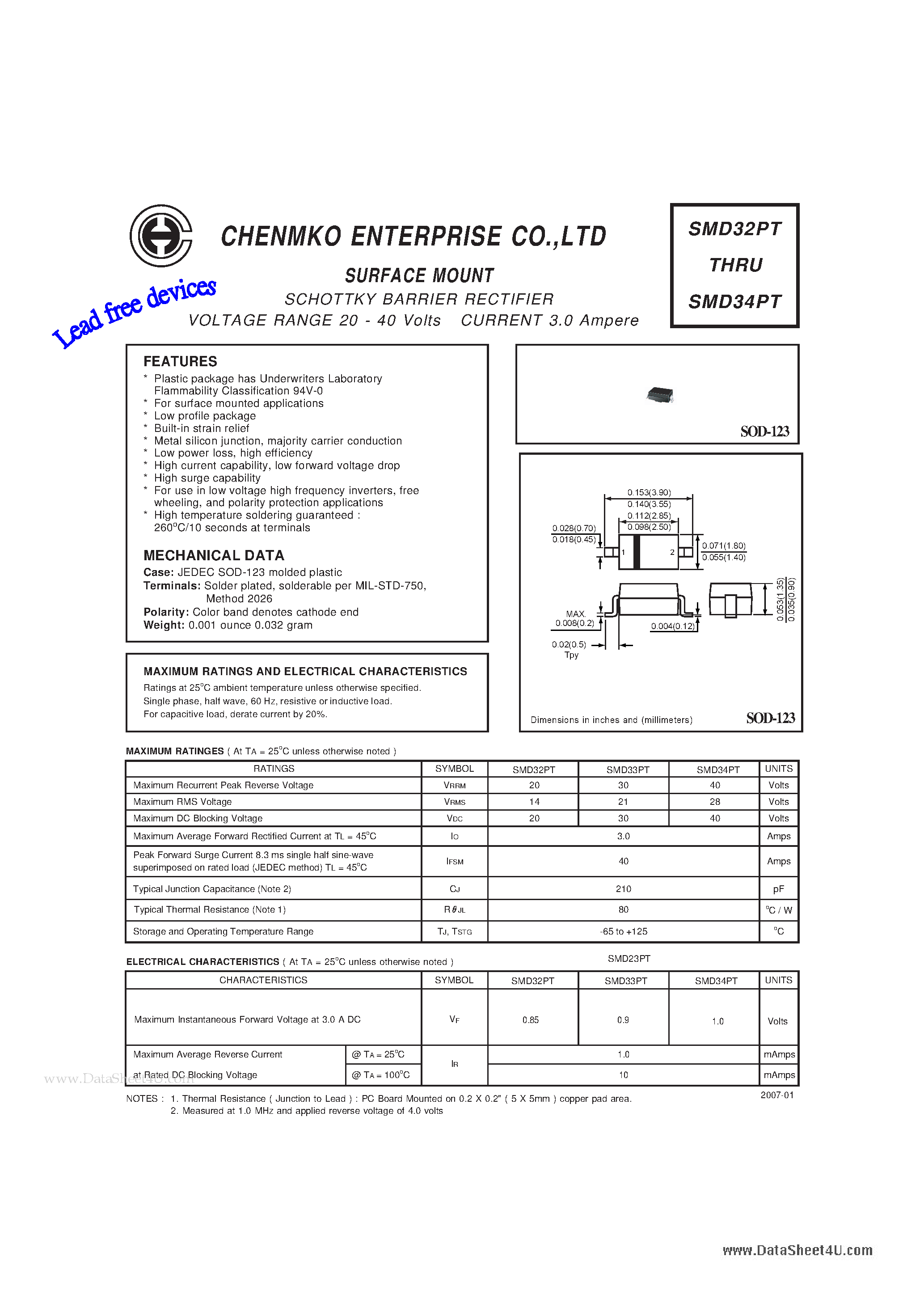 Datasheet SMD32PT page 1 Datasheet SMD32PT - (SMD32PT - SMD34PT) SCHOTTKY BARRIER RECTIFIER page 1