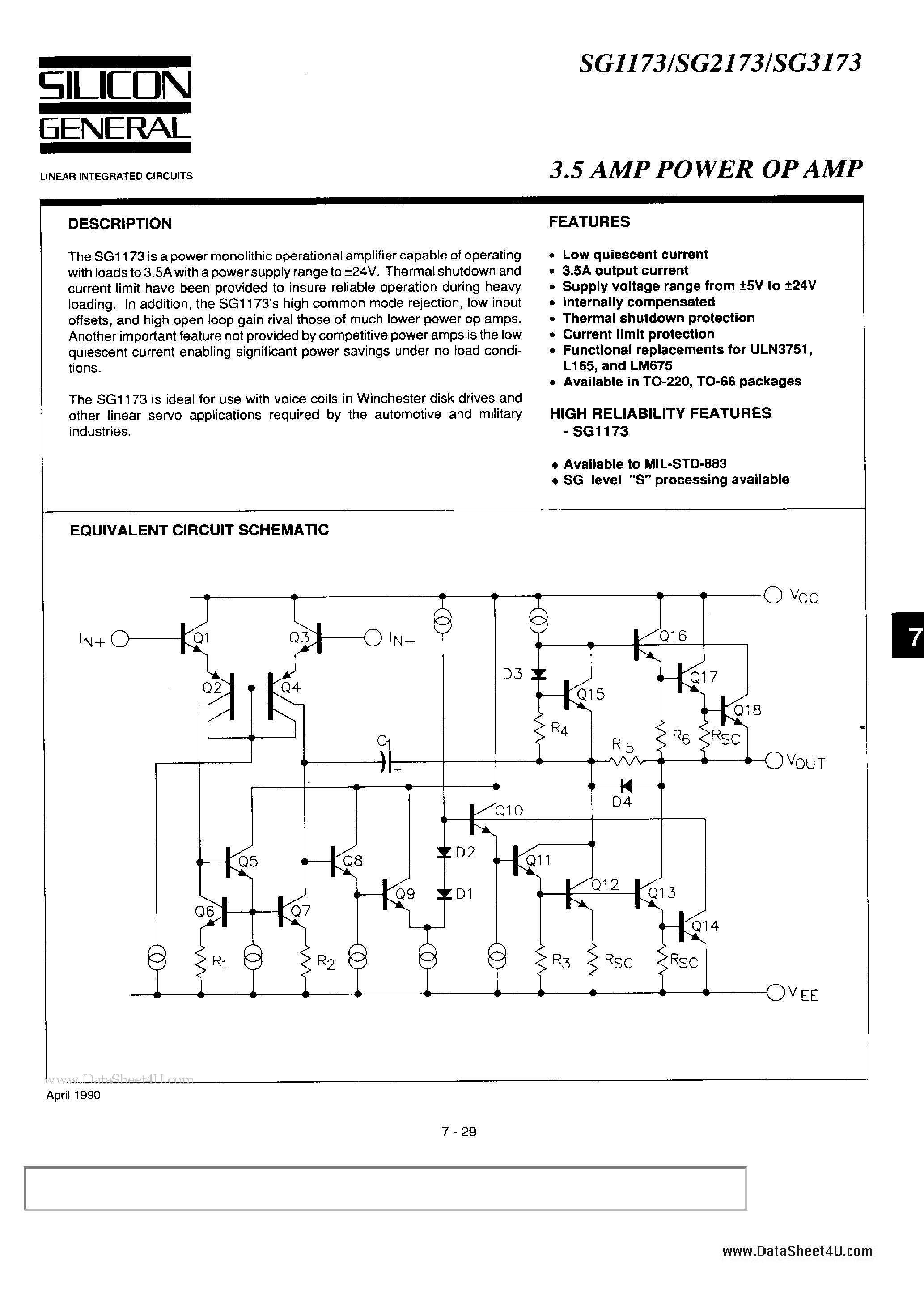 Datasheet SG2173 page 1 Datasheet SG2173 - 3.5 AMP POWER OP AMP page 1