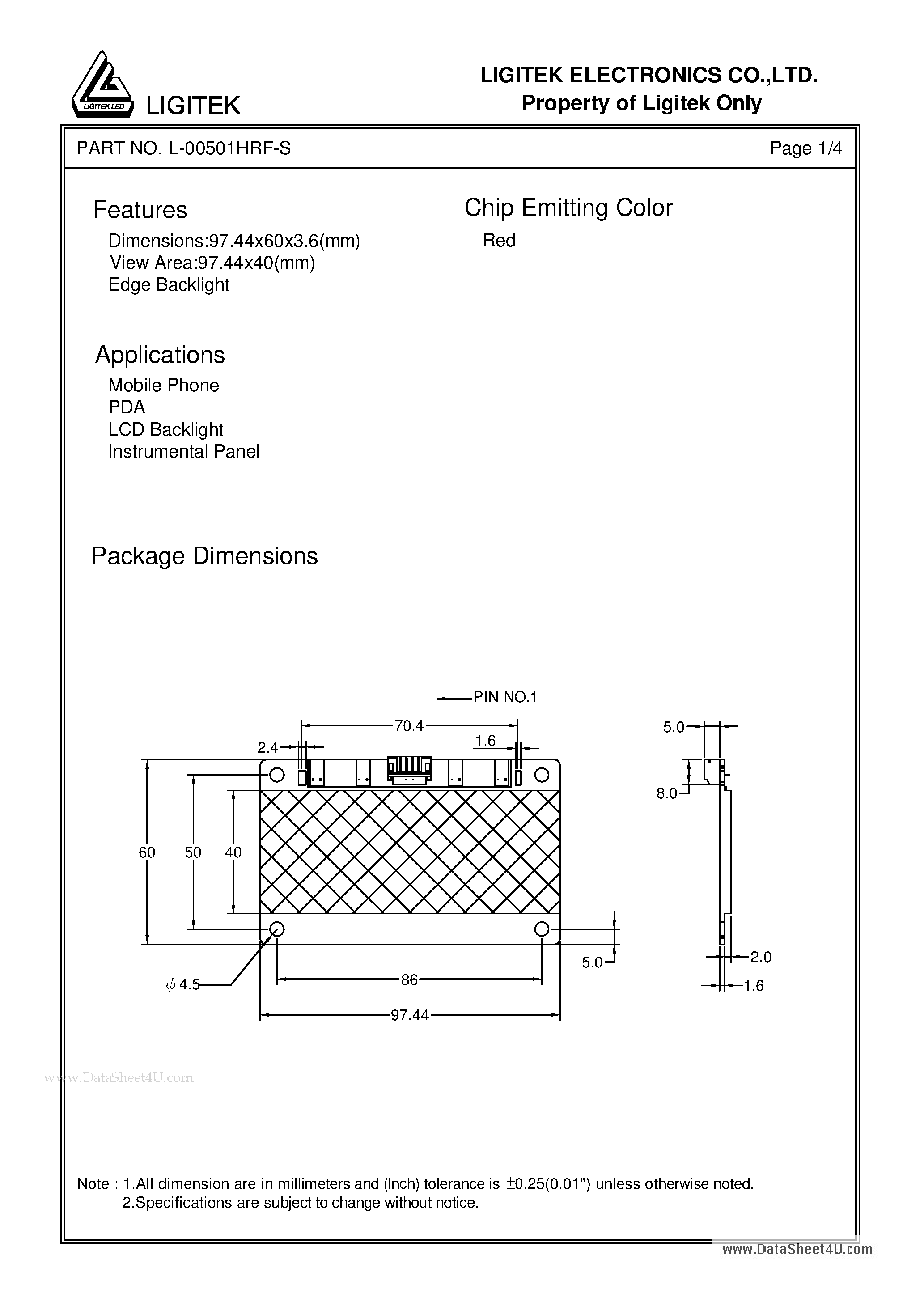 Datasheet L-00501HRF-S - LED BACK LIGHT (4 Inch) page 2