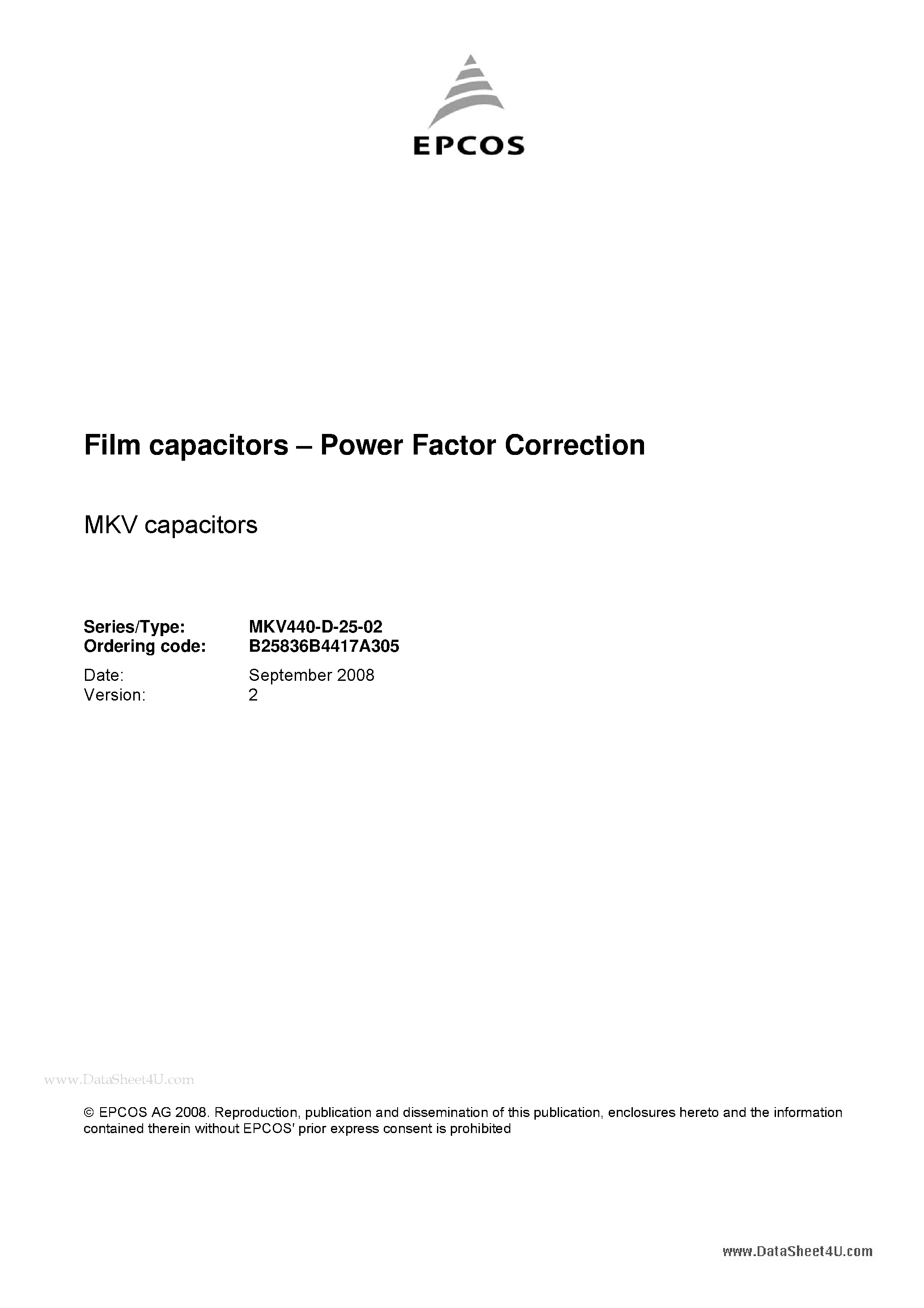 Datasheet B25836B4417A305 page 1 Datasheet B25836B4417A305 - Film capacitors - Power Factor Correction page 1