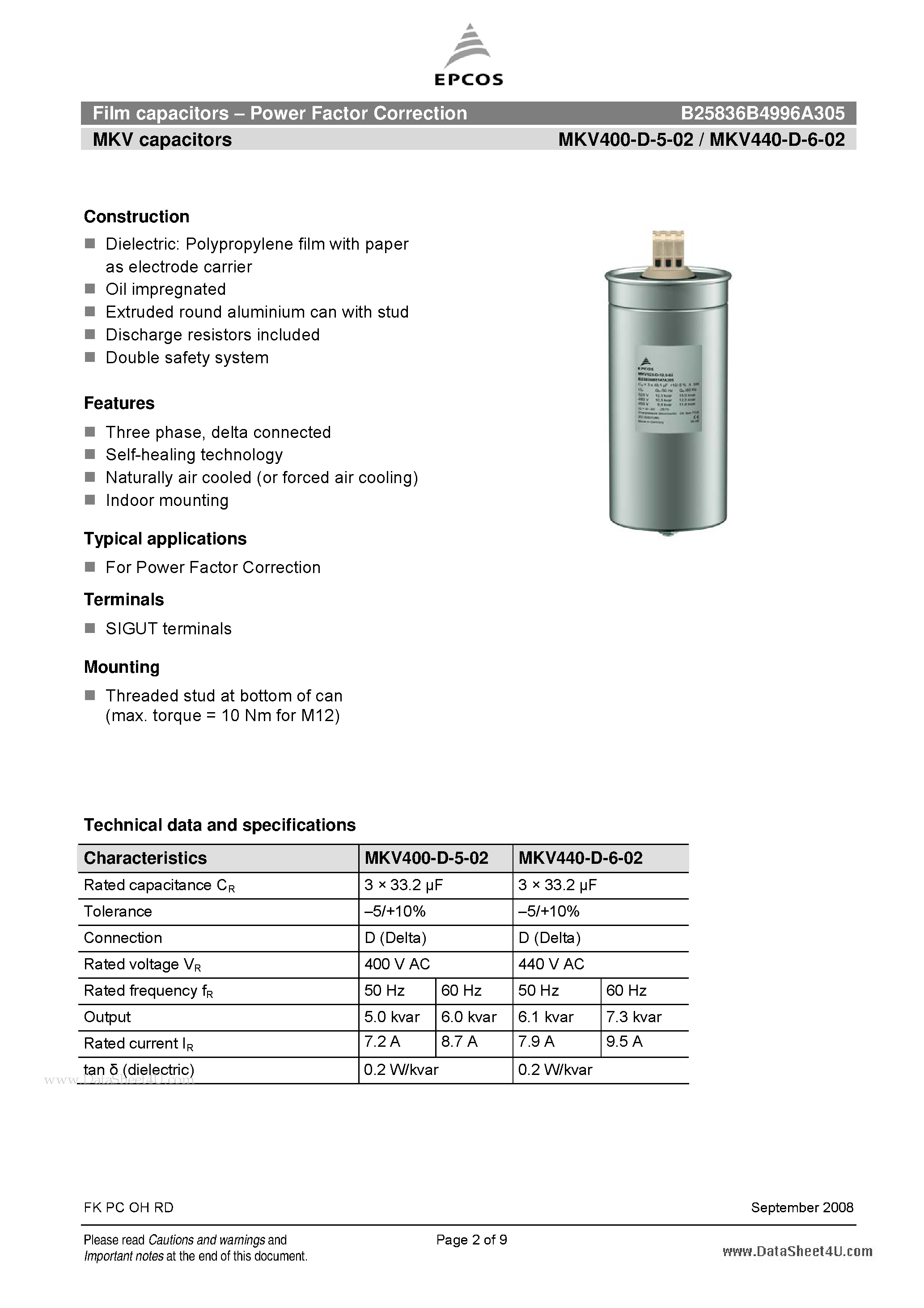 Datasheet B25836B4996A305 page 2 Datasheet B25836B4996A305 - Film capacitors - Power Factor Correction page 2