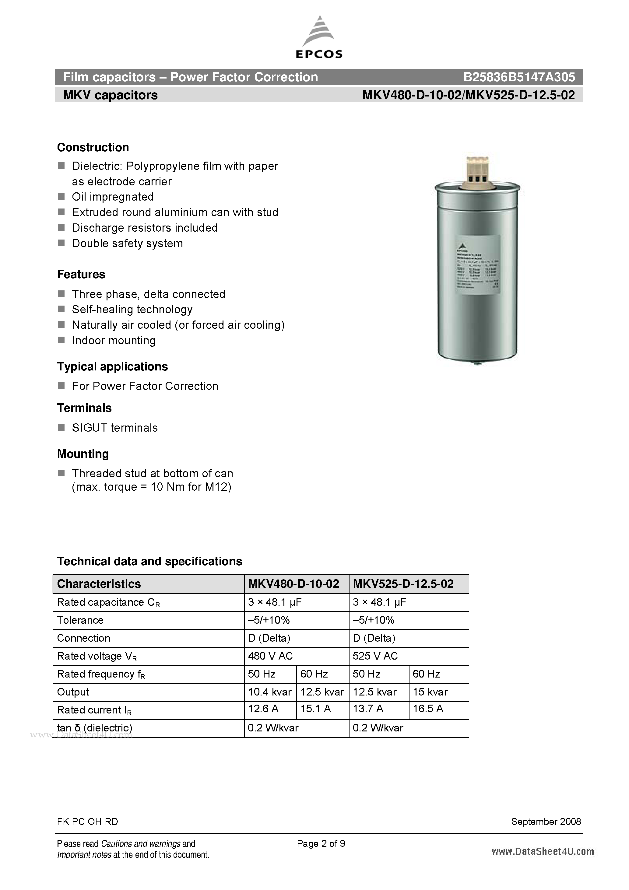 Datasheet B25836B5147A305 page 2 Datasheet B25836B5147A305 - Film capacitors - Power Factor Correction page 2