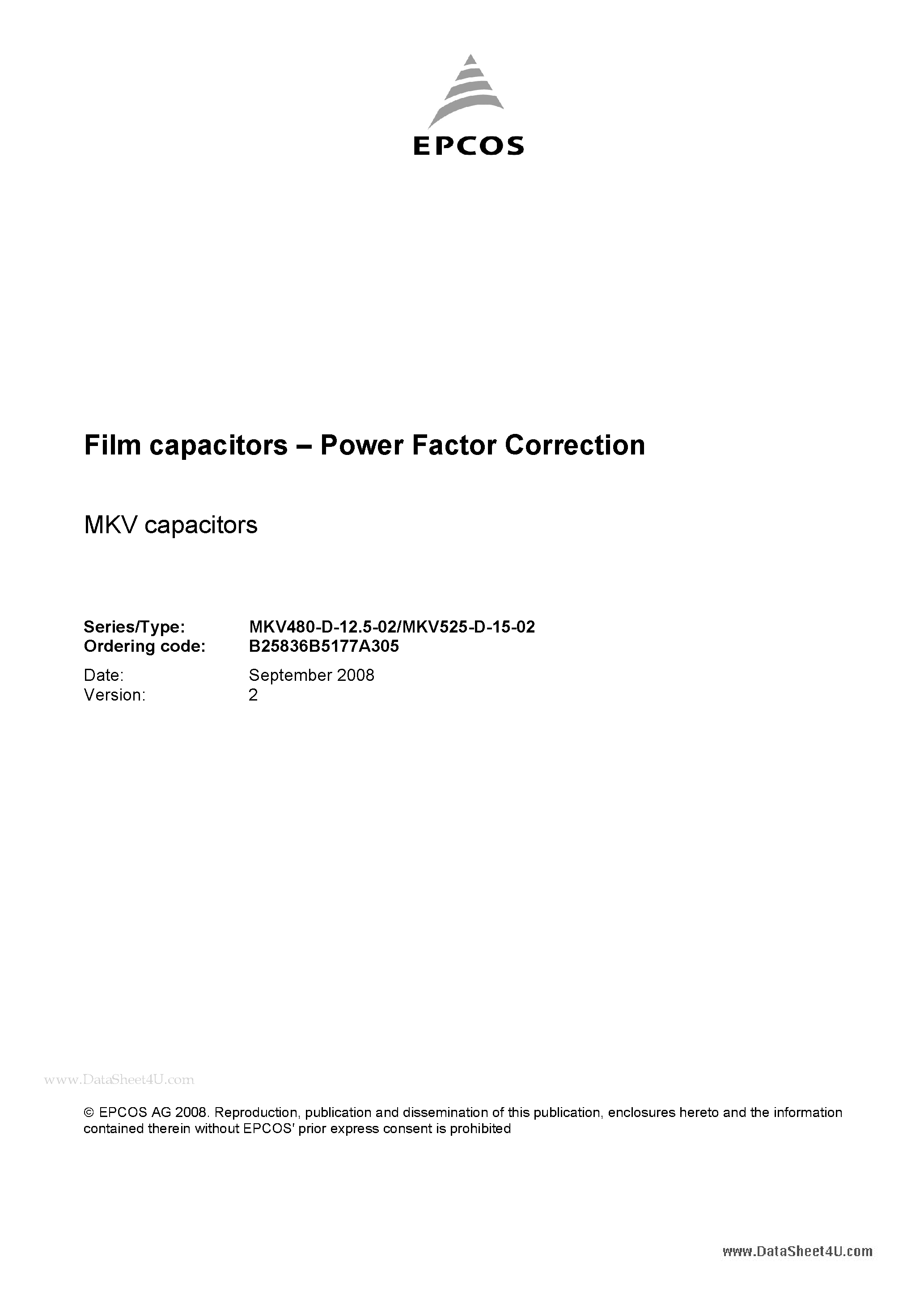 Datasheet B25836B5177A305 - Film capacitors - Power Factor Correction page 1