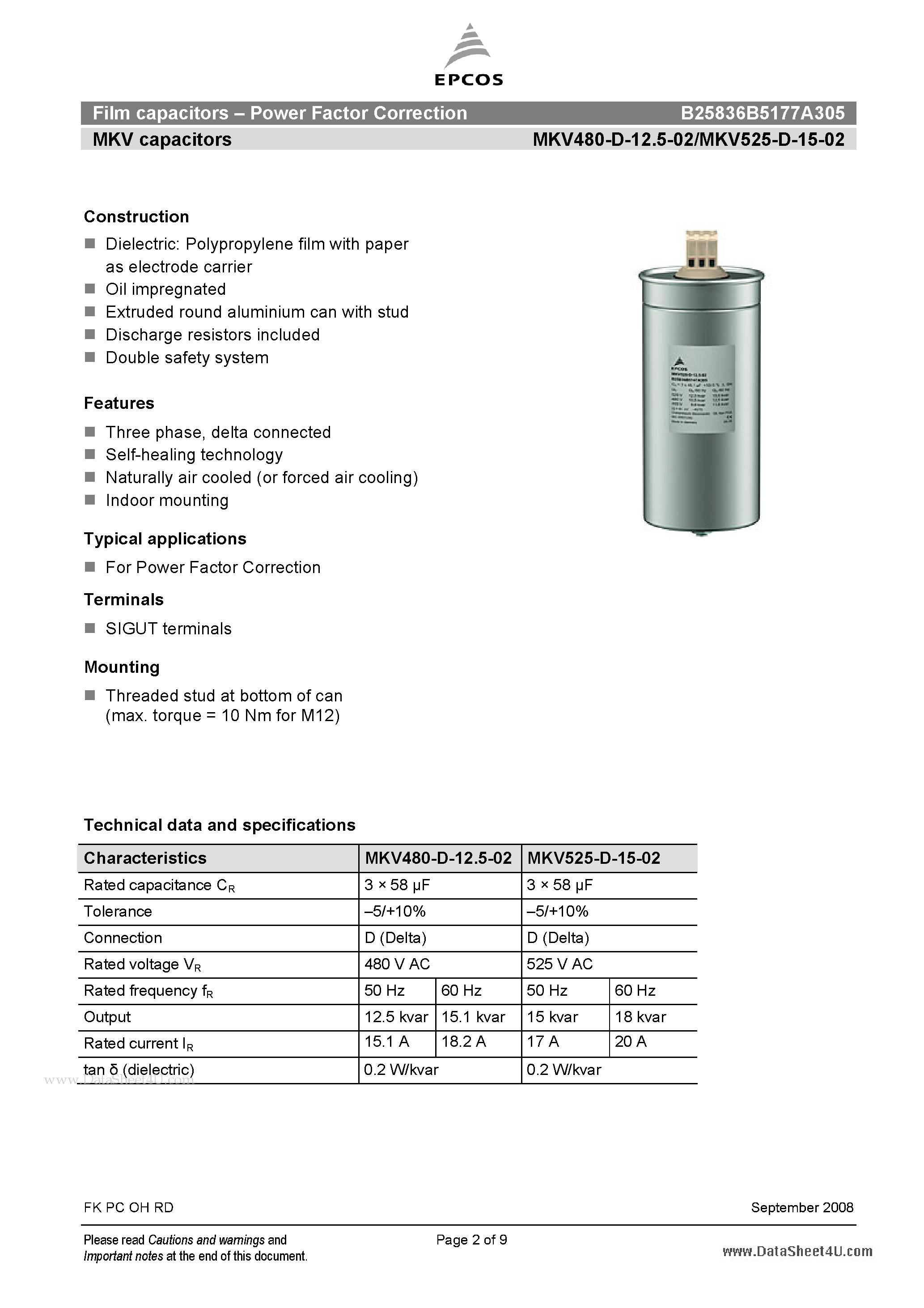 Datasheet B25836B5177A305 - Film capacitors - Power Factor Correction page 2