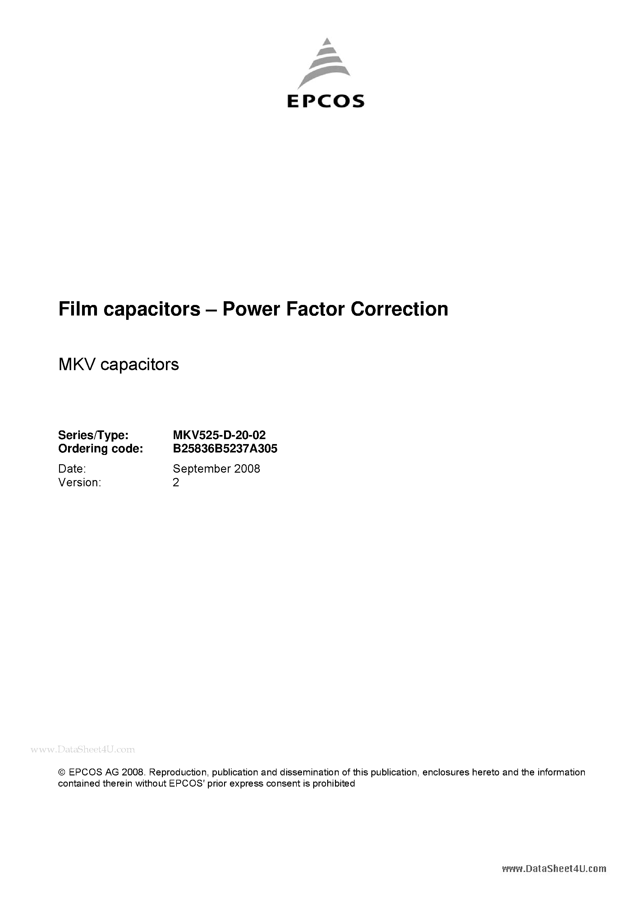 Datasheet B25836B5237A305 page 1 Datasheet B25836B5237A305 - Film capacitors - Power Factor Correction page 1