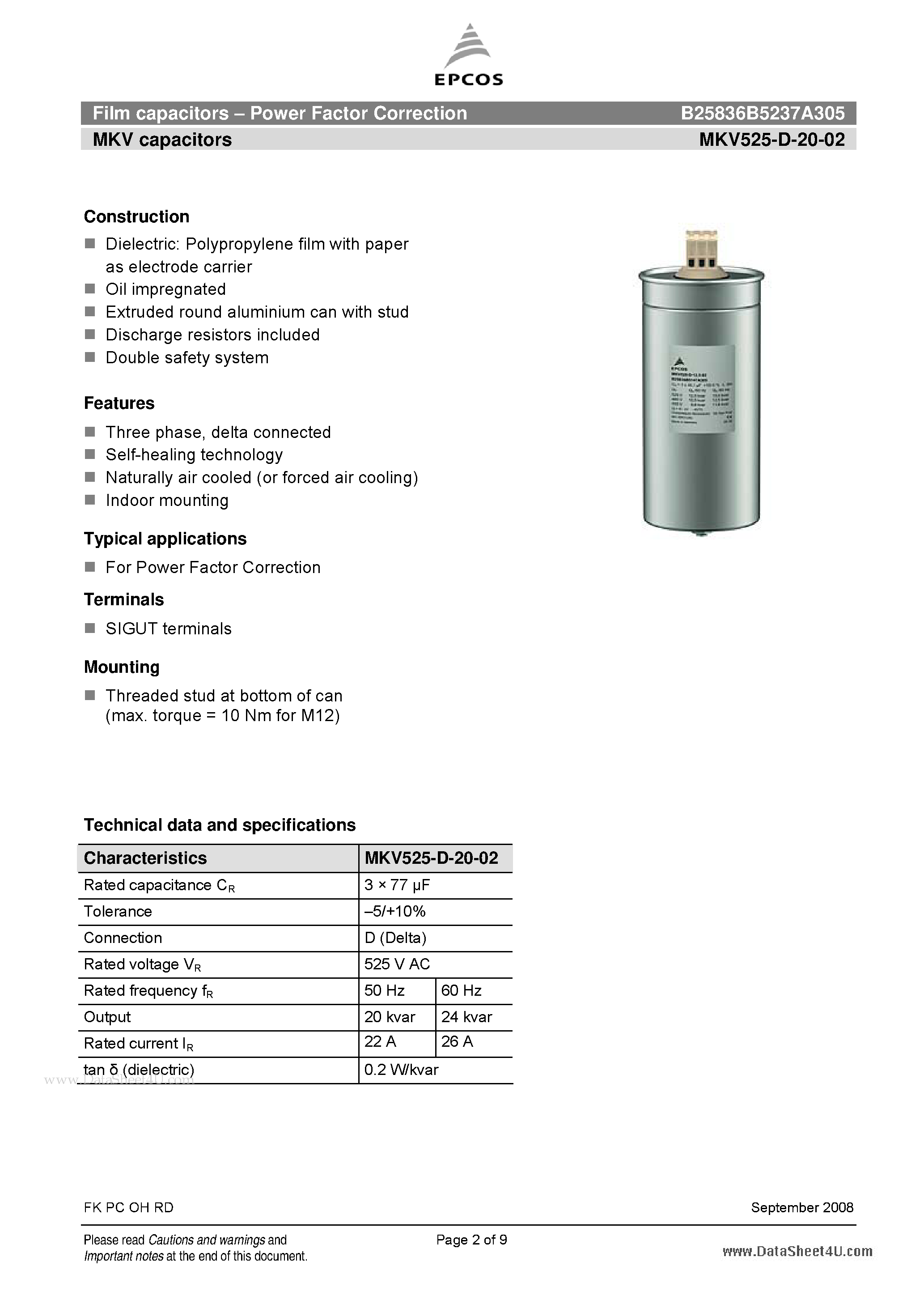 Datasheet B25836B5237A305 page 2 Datasheet B25836B5237A305 - Film capacitors - Power Factor Correction page 2