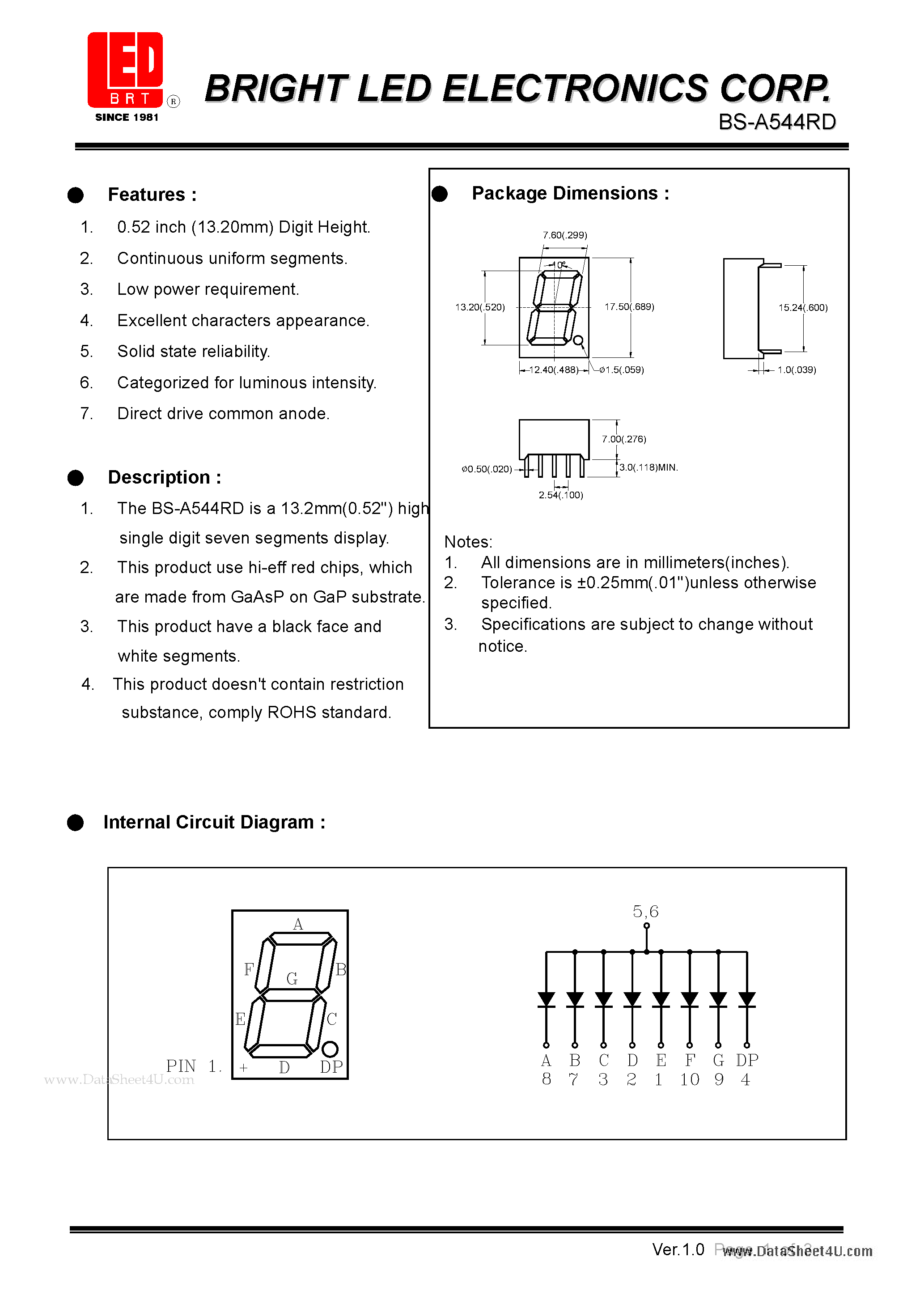 Datasheet BS-A544RD - 13.2mm(0.52) high single digit segments display page 1
