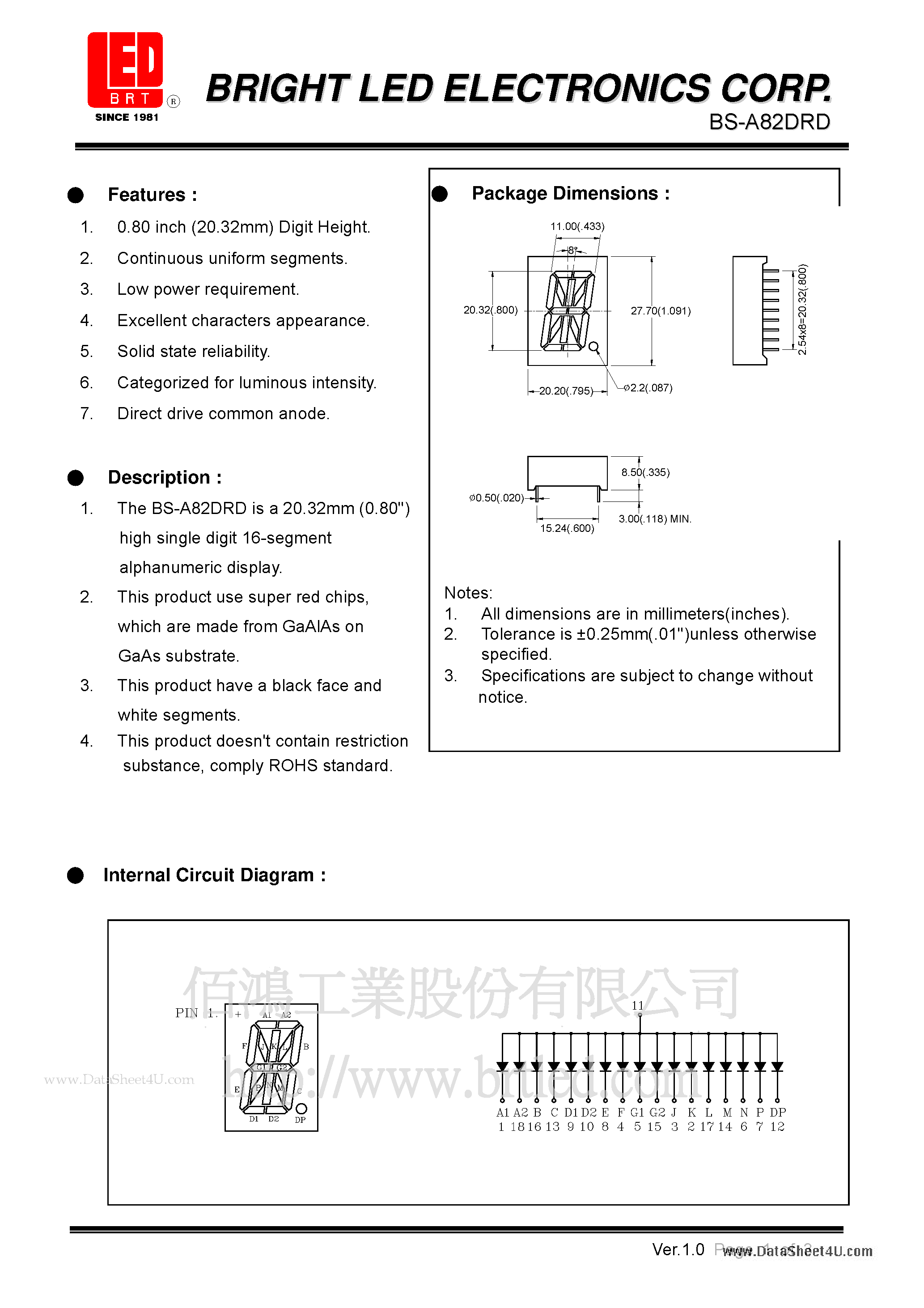 Datasheet BS-A82DRD page 1 Datasheet BS-A82DRD - 20.32 (0.80) high single digit 16-segment alphanumeric display page 1