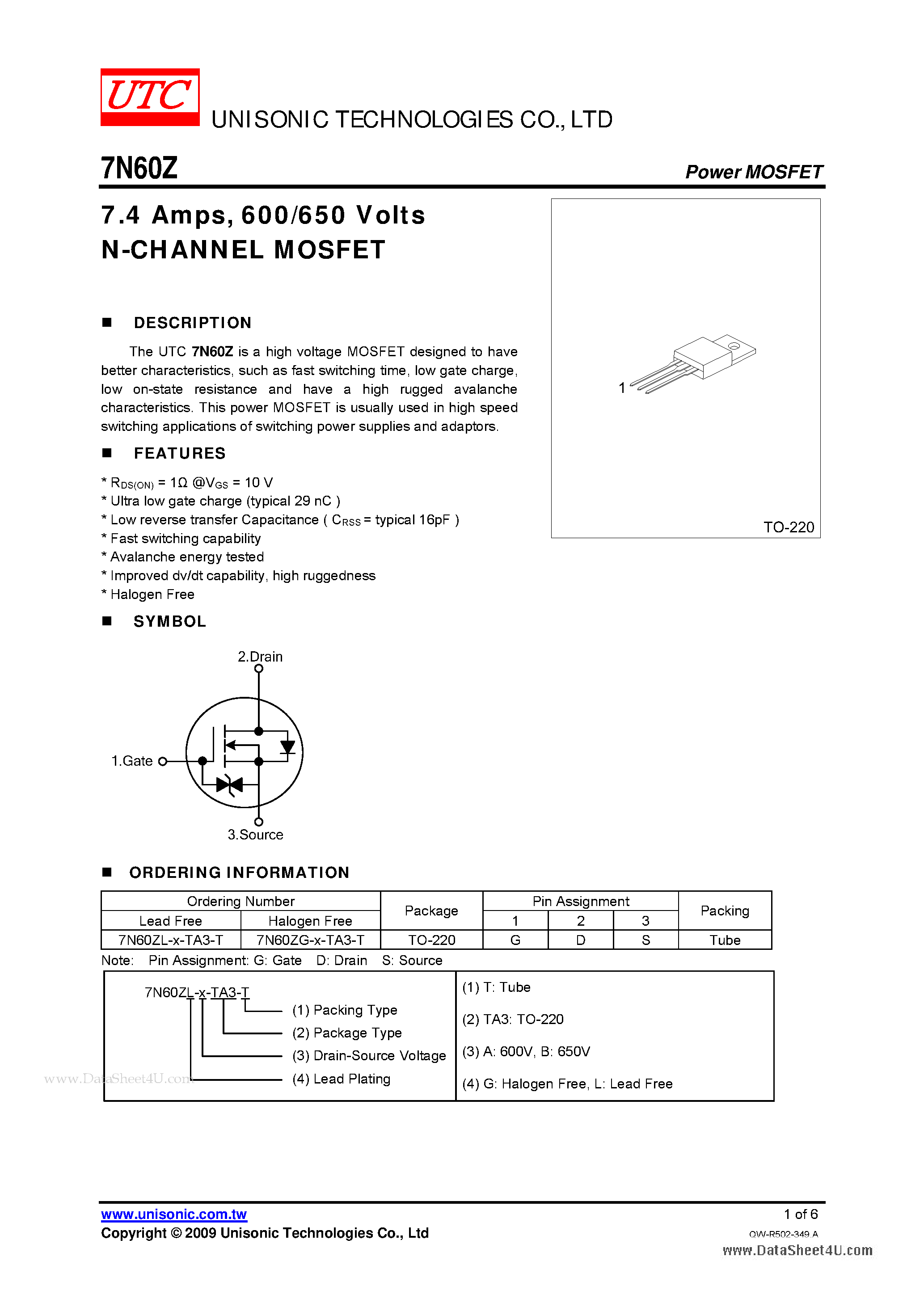 Даташит на микросхему 7N60Z страница 1 Даташит 7N60Z - 7.4 Amps 600/650 Volts N-CHANNEL MOSFET страница 1