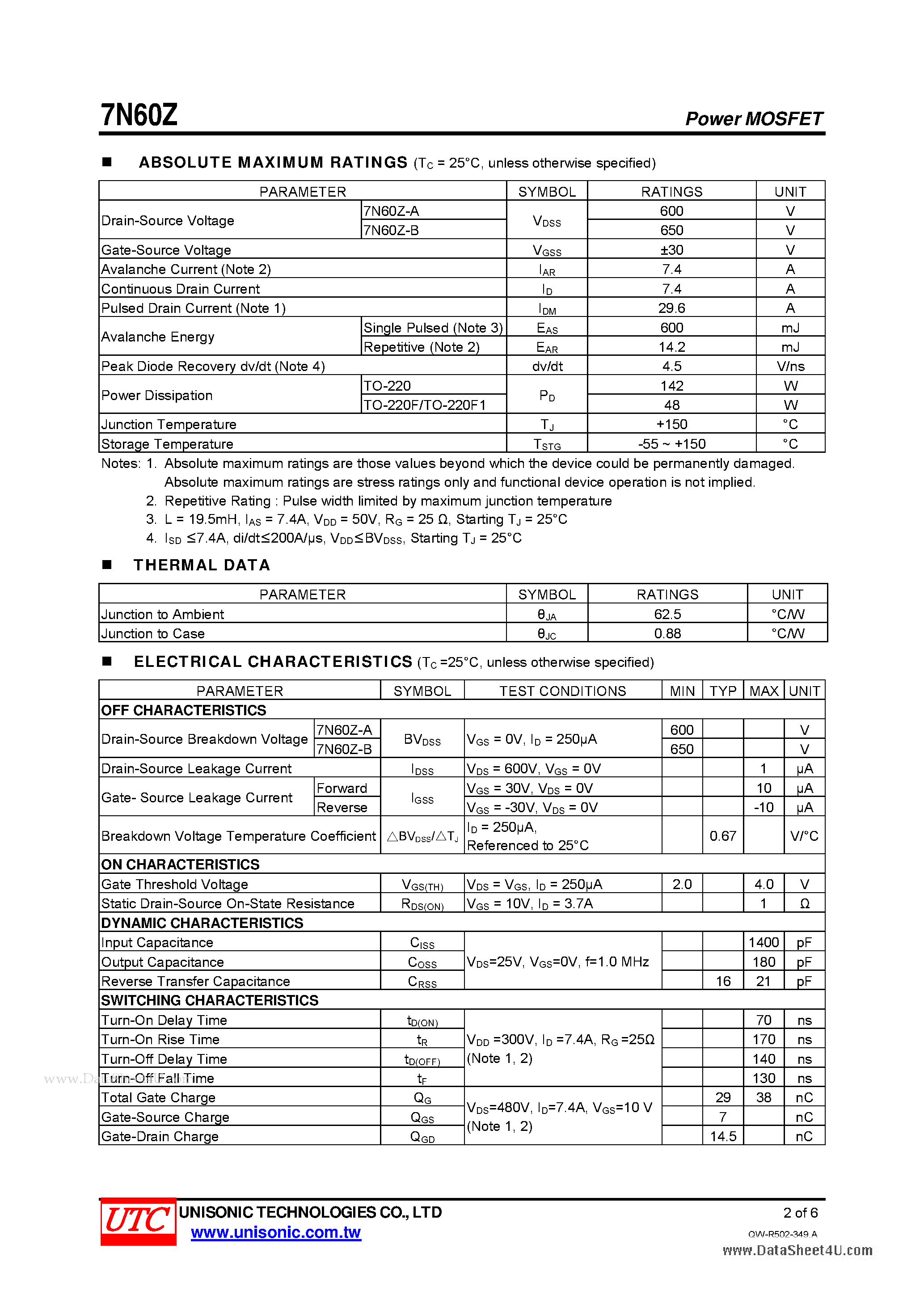 Даташит на микросхему 7N60Z страница 2 Даташит 7N60Z - 7.4 Amps 600/650 Volts N-CHANNEL MOSFET страница 2