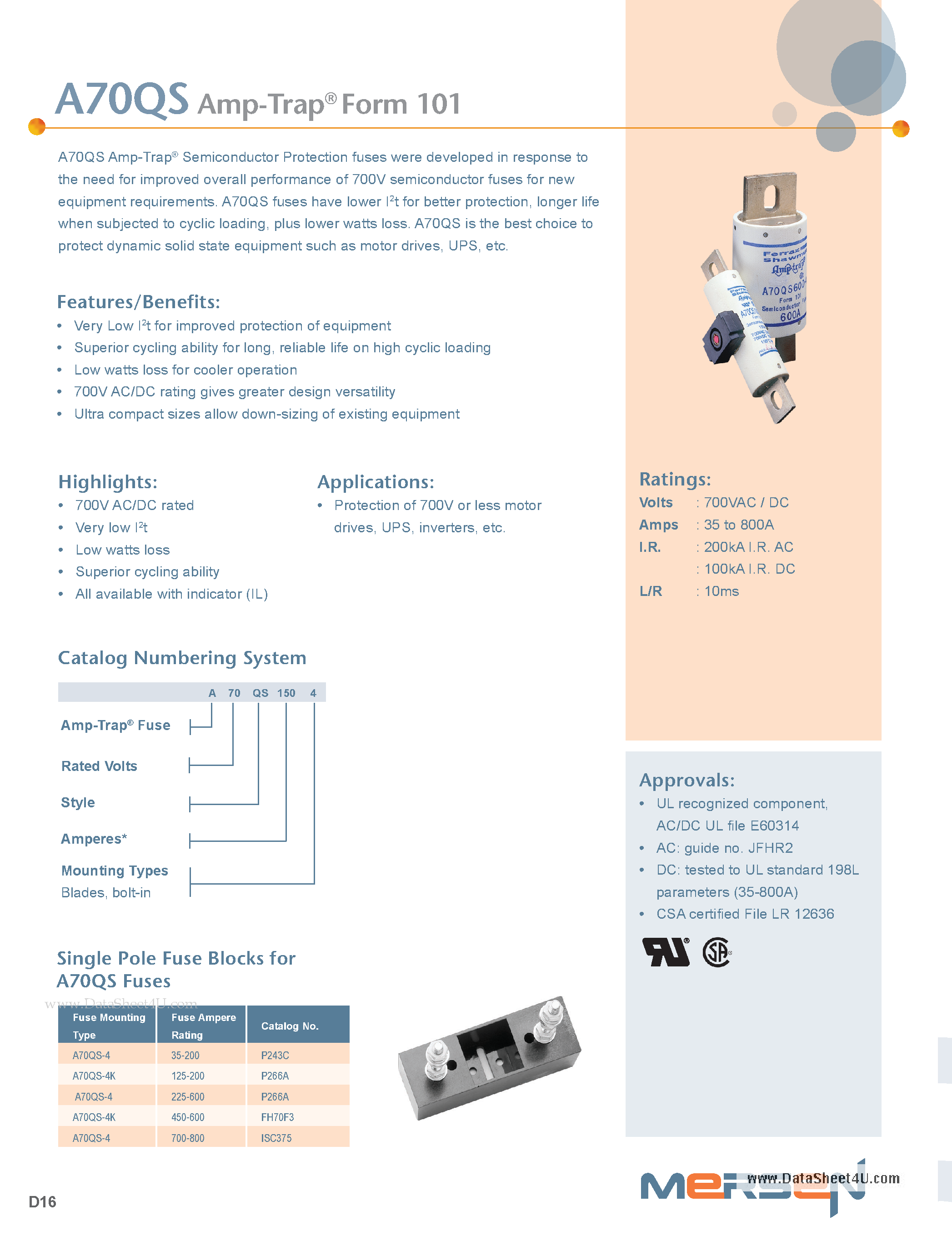 Datasheet A70QS page 1 Datasheet A70QS - Amp-Trap Form 101 page 1