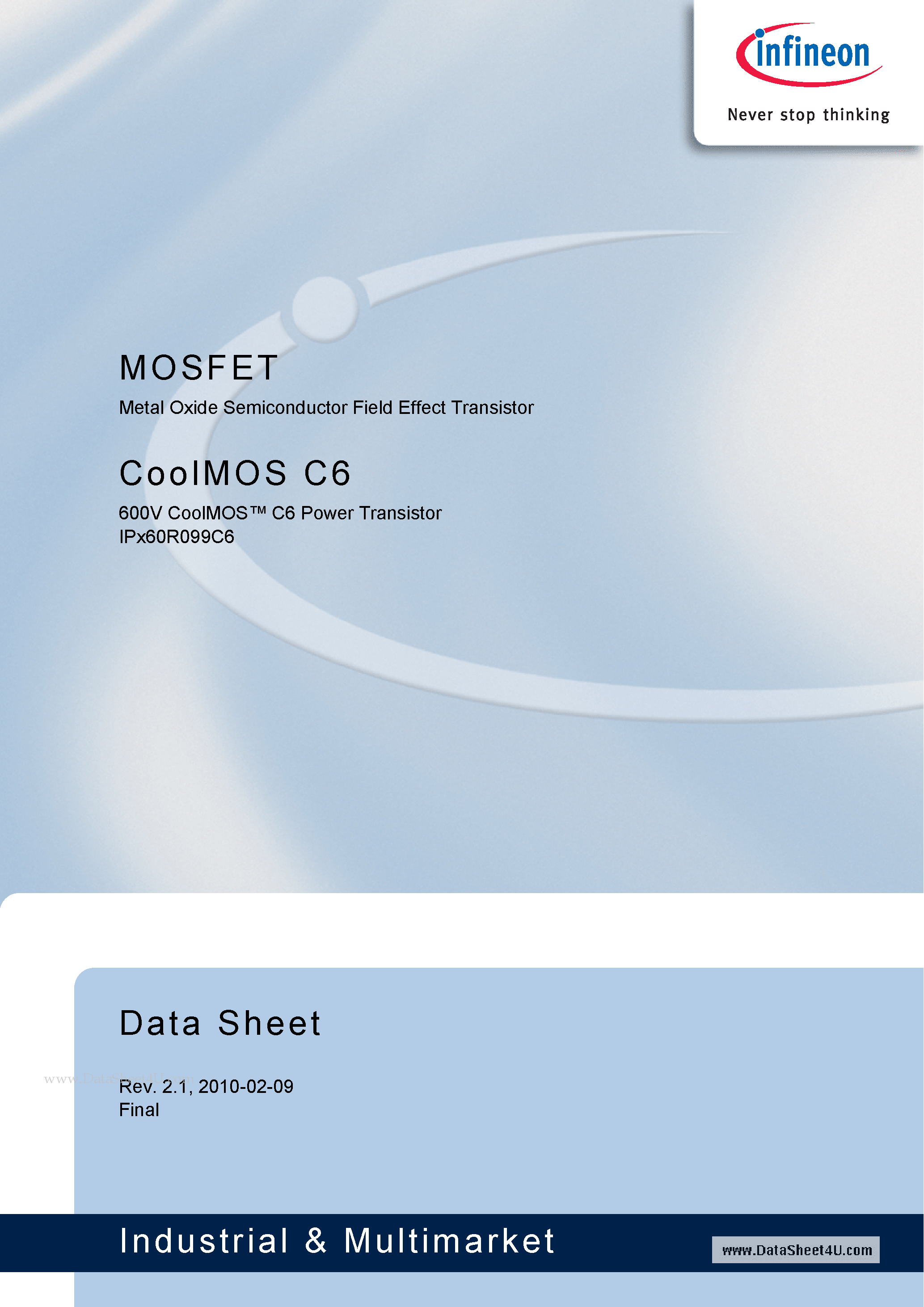 Datasheet IPA60R099C6 - Metal Oxide Semiconductor Field Effect Transistor page 1