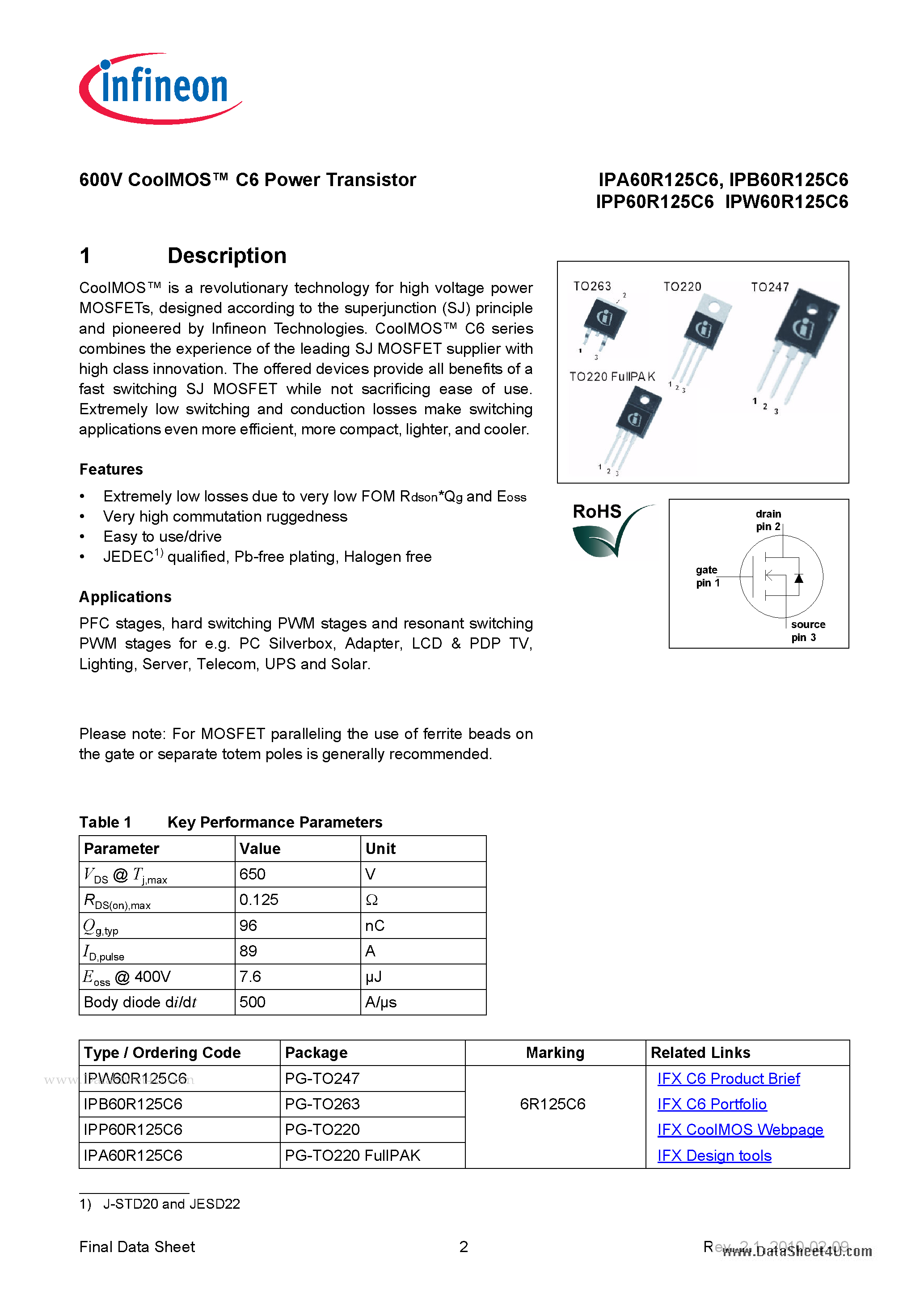 Datasheet IPA60R125C6 - Metal Oxide Semiconductor Field Effect Transistor page 2
