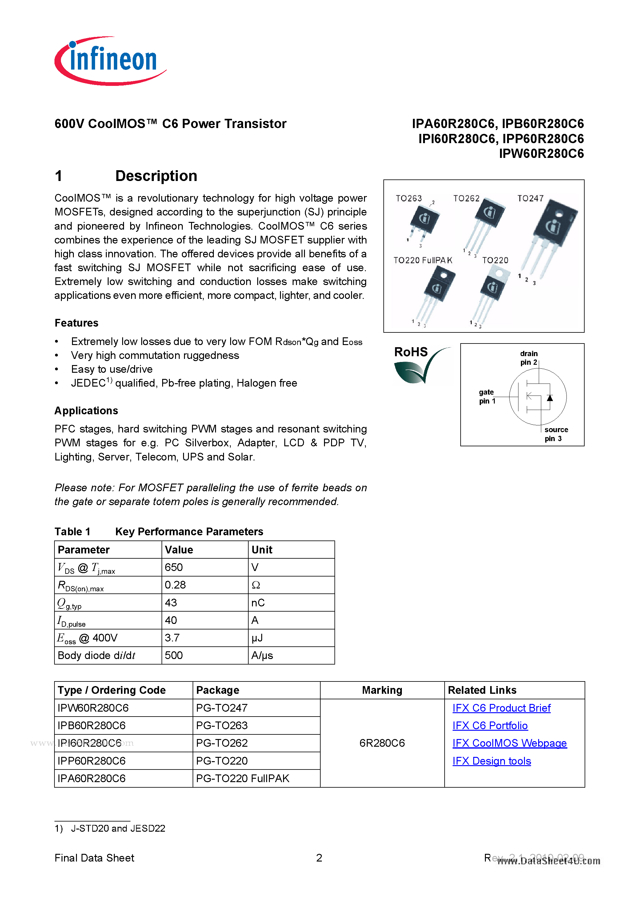Даташит IPA60R280C6 - Metal Oxide Semiconductor Field Effect Transistor страница 2
