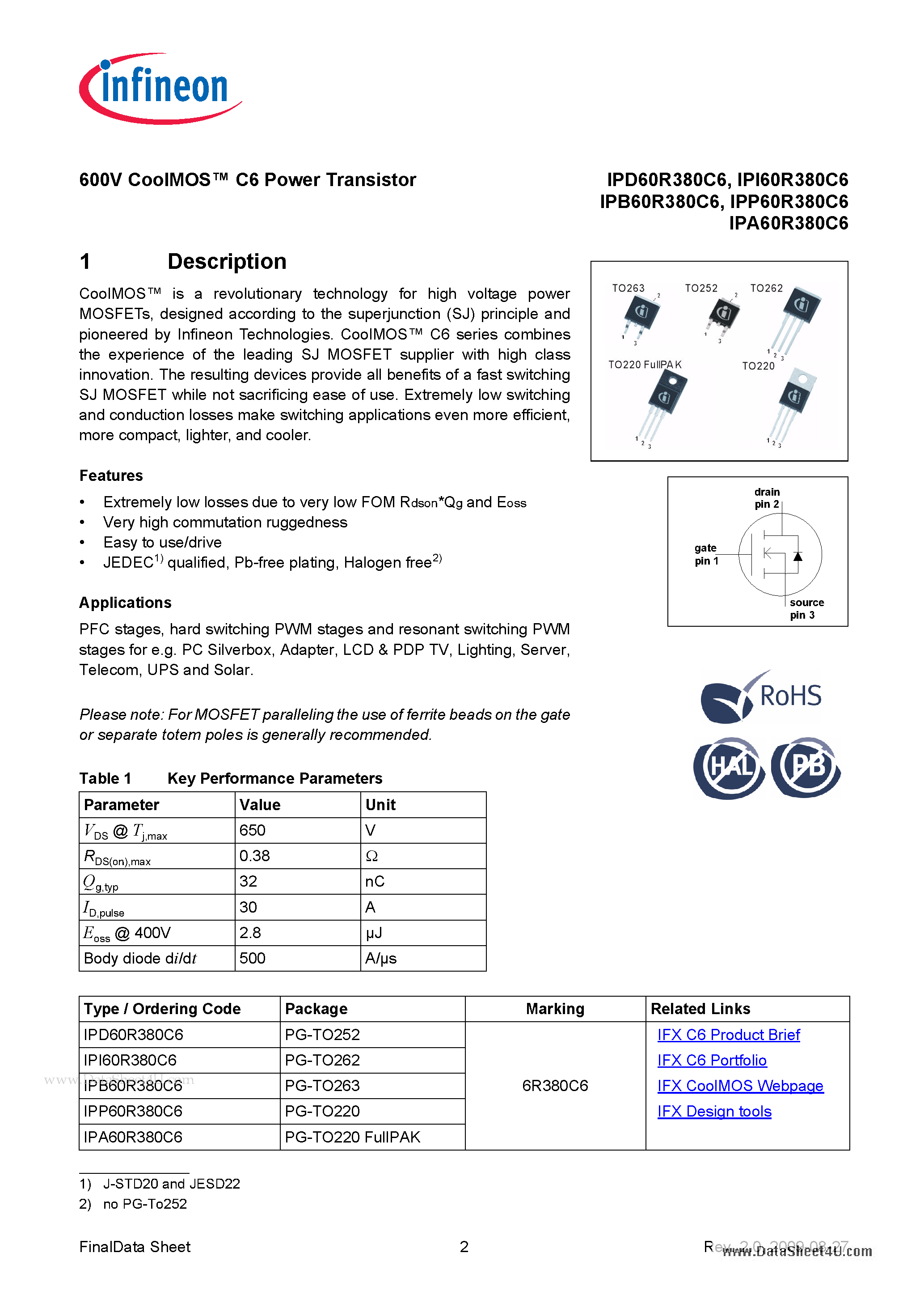 Datasheet IPA60R380C6 - Metal Oxide Semiconductor Field Effect Transistor page 2