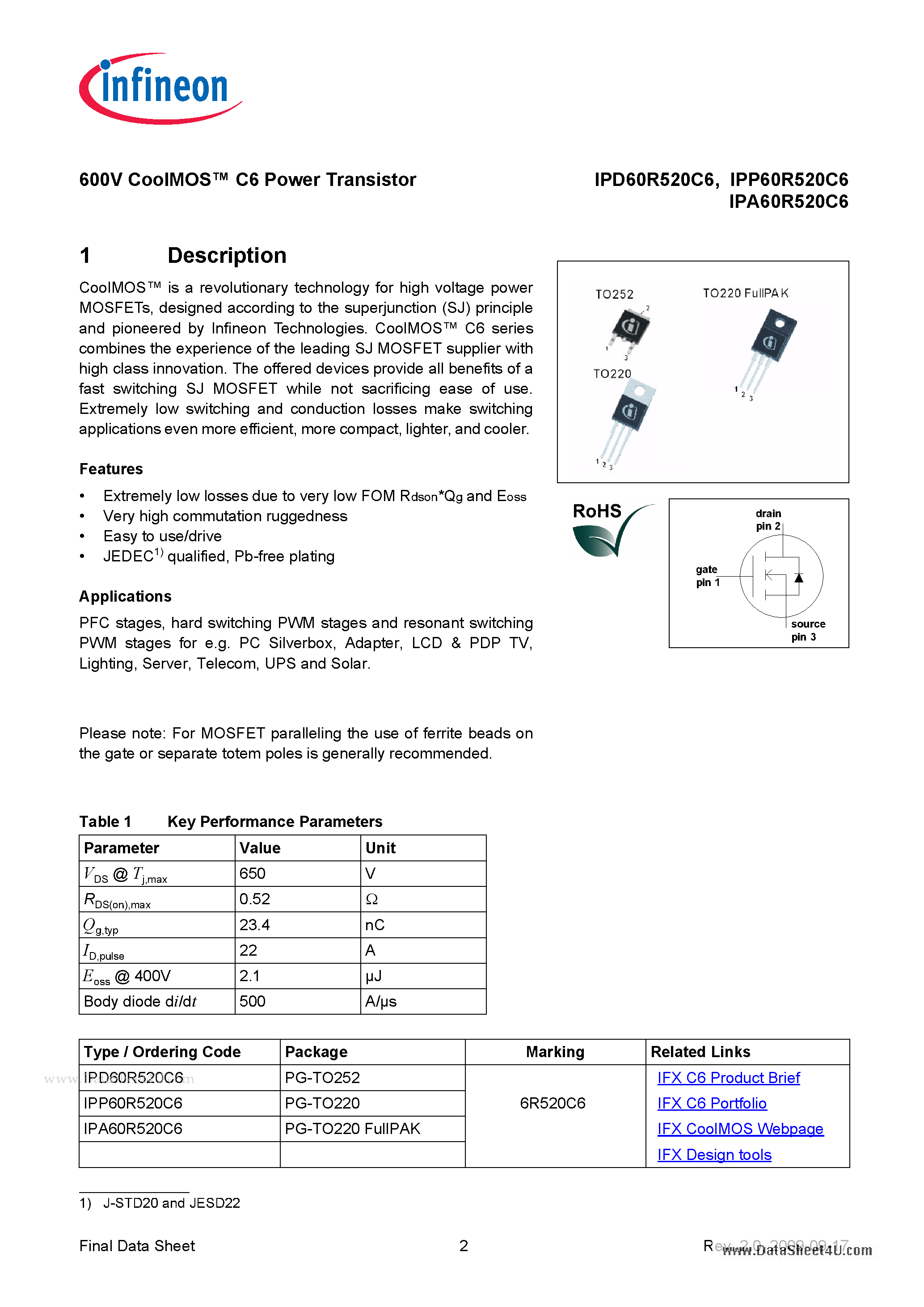 Datasheet IPA60R520C6 - Metal Oxide Semiconductor Field Effect Transistor page 2