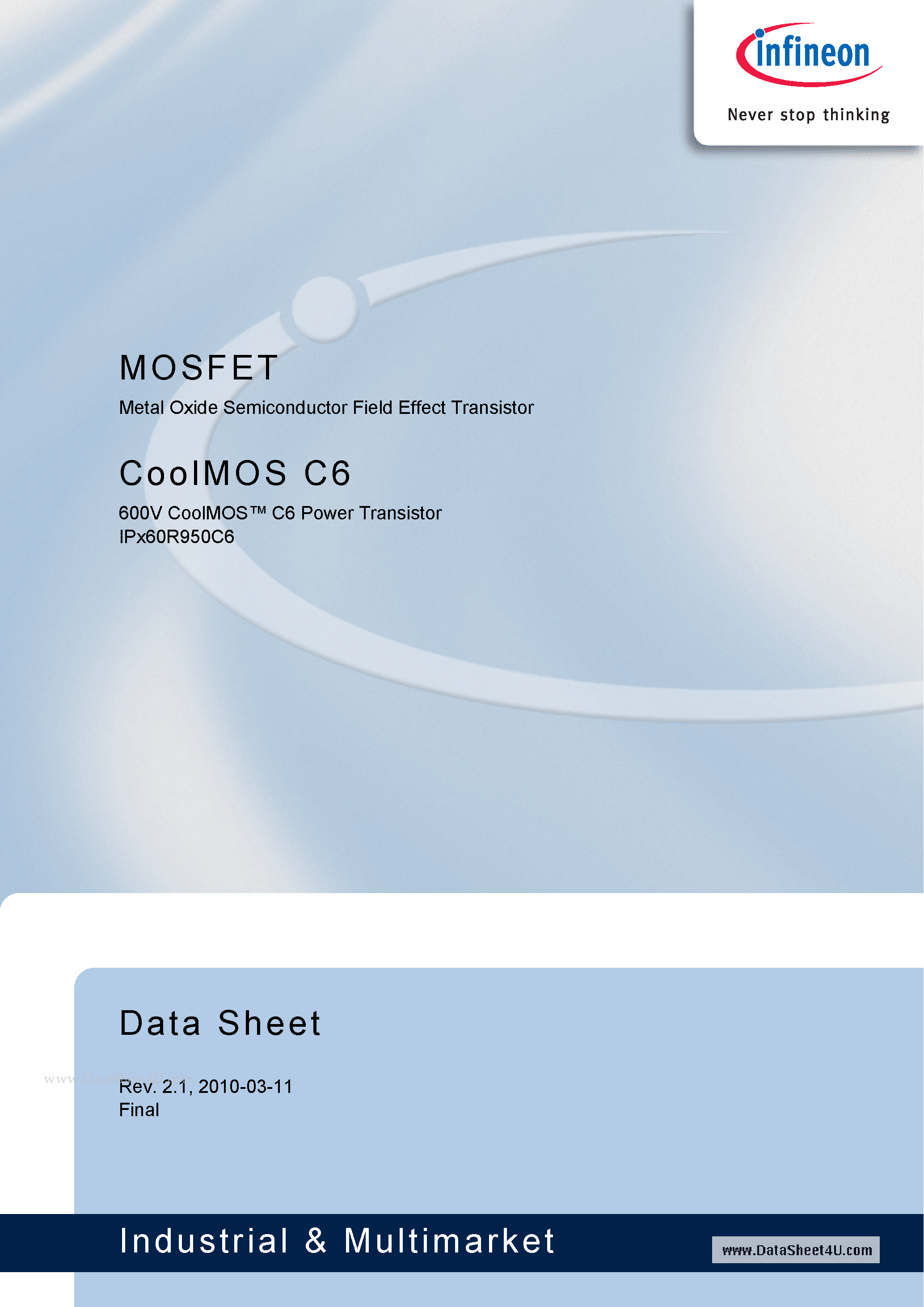 Datasheet IPA60R950C6 - Metal Oxide Semiconductor Field Effect Transistor page 1